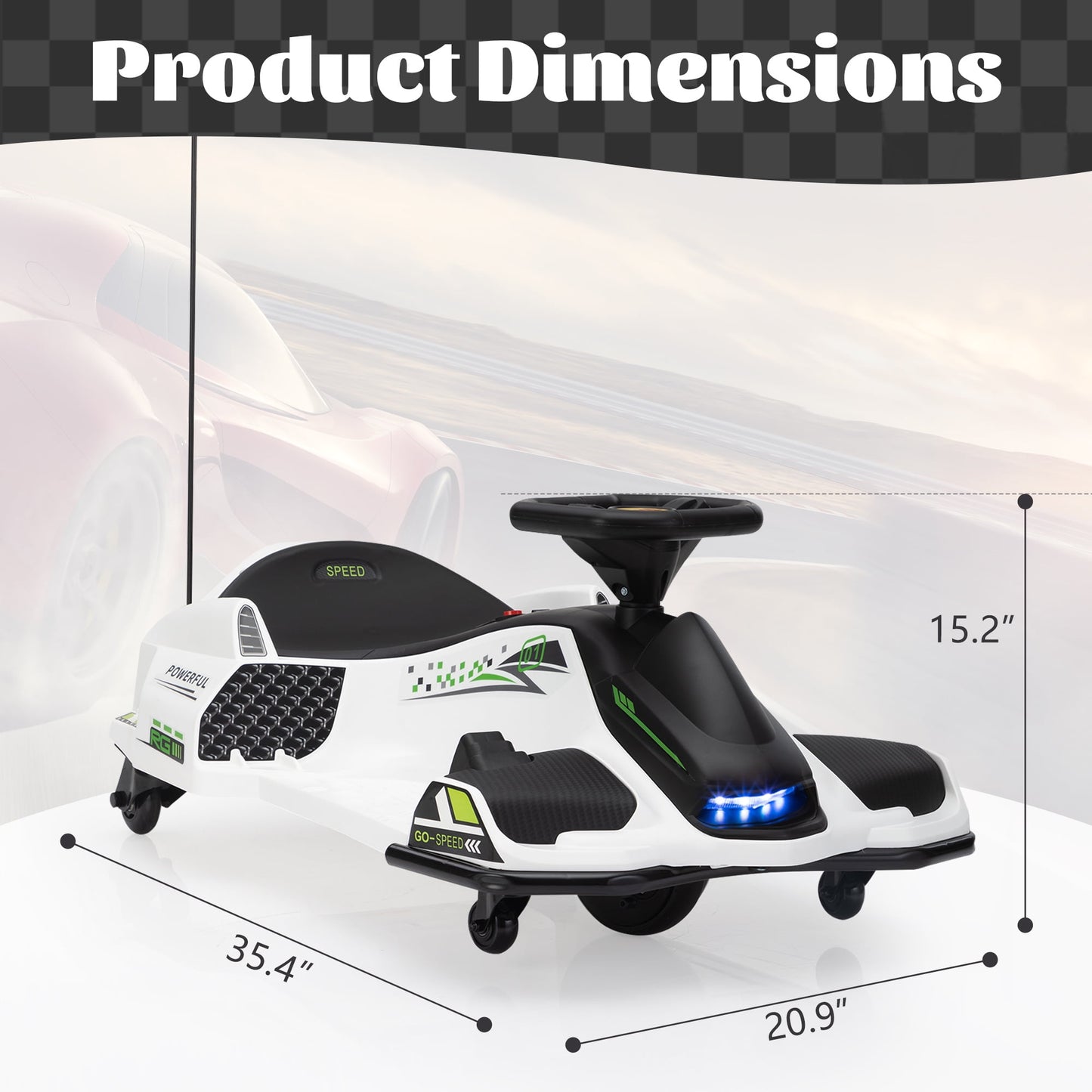 Track 7 12V Ride-On Drifting Car, Kids Electric Go Kart with Protector, Ride On Racing Car with 360° Spin, USB, LED Lights, Max Speed 5 mph, Age 8-12 Years, White