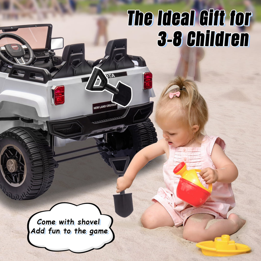 Track 7 24V Ride on Car, Licensed Toyota LC 250 2-Seater Electric Car for Boys Girls, 24V Ride on Car with Remote Control, Music, Bluetooth, Front Storage Space, Shovel,  White