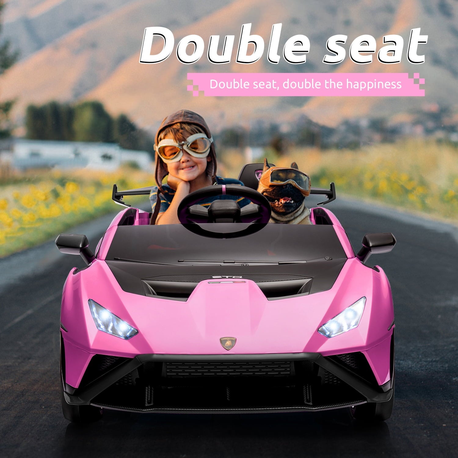 Track 7 24V Kids Ride on Car, Licensed Lamborghini STO Electric Car for Boys Girls, 2-Seater Ride on Drift Car with Remote Control, Music, 360° Spin, Max Speed 6mph, Pink