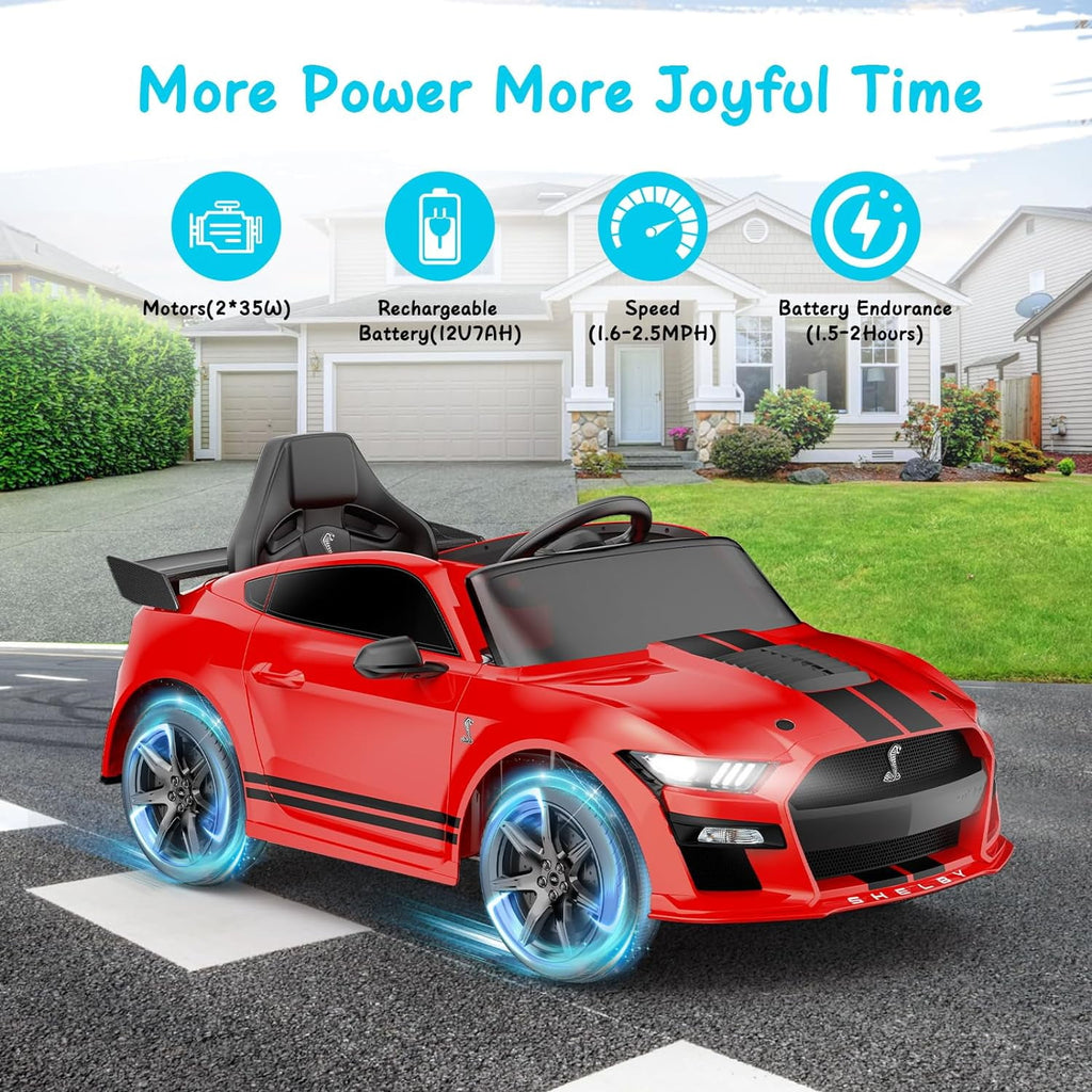 Track 7 12V Ride on Car, Licensed Ford Mustang Shelby GT500 Ride on Car with Remote Control, LED Lights, Music & Bluetooth, Electric Car for Boys Gilrs Age3+, Red