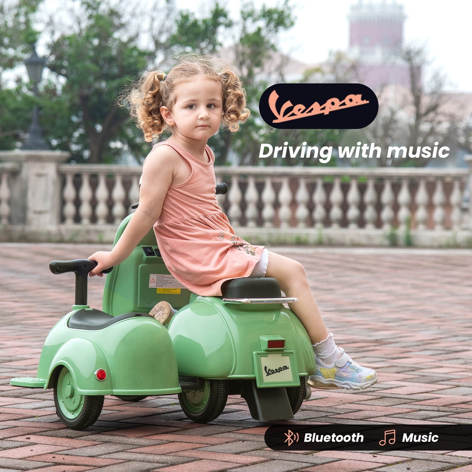 Track Seven 2-Seater Ride on Motorcycle, Licensed Vespa Electric Motorcycle with Side Car, 2-Seater Ride on Car, Music, Storage Bin, Max Speed 3.7mph, Green