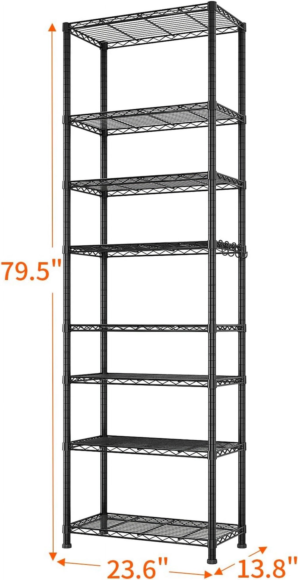 COOKCOK 8-Tier Wire Shelving Unit, Adjustable Metal Garage Storage Shelf with Hooks, 1600Lbs Capacity, 23.6" W x 13.8" D x 78.7" H, Silver