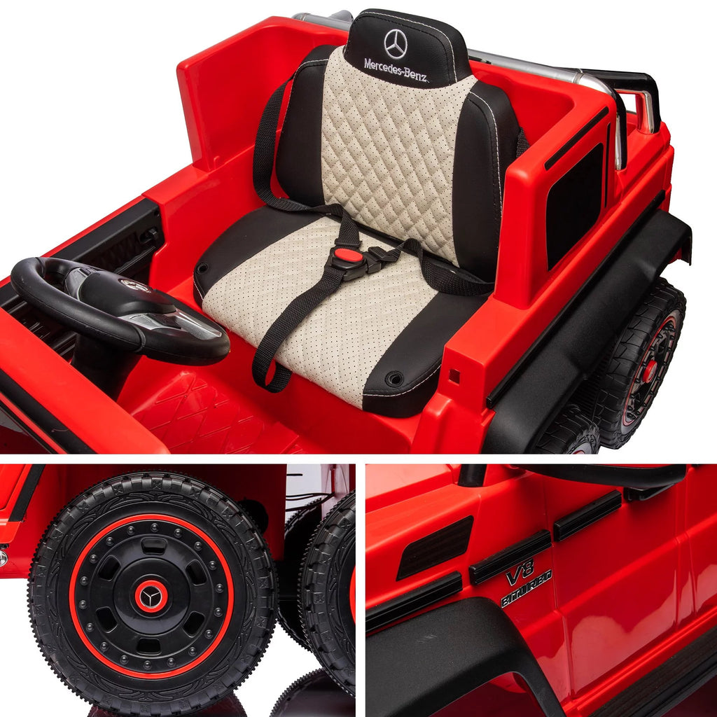 Track Seven 24V Ride on Car, Licensed Mercedes Benz G63 24V Electric Car with Remote Control, Music, Bluetooth, Leather Seat, 6 Wheels Kids Ride on Truck, Red