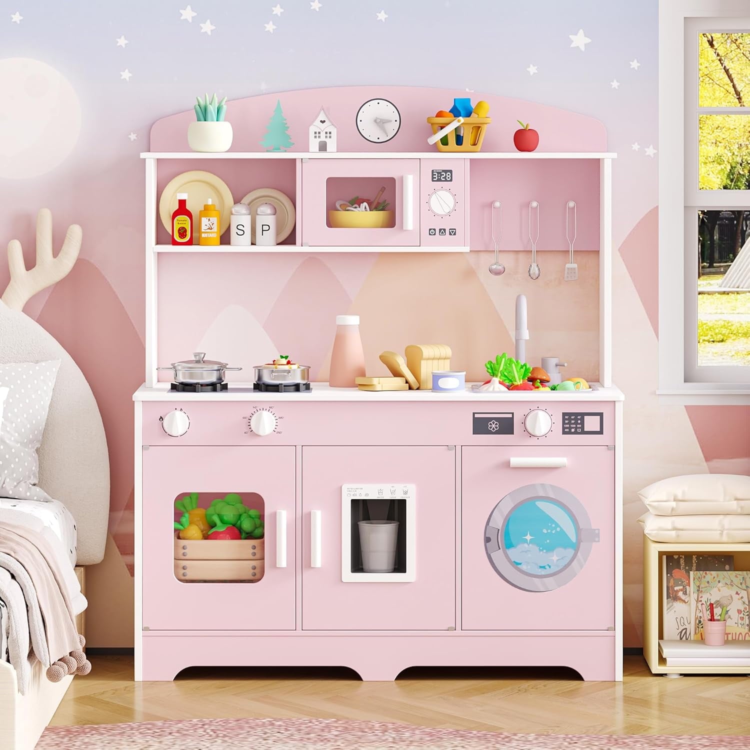 Track Seven Play Kitchen for Kids, Wooden Kids Kitchen Playset with Storage and Realistic Details, Pretend Play Kitchen Set with Ice Maker, Clicking Knobs, Sink, Washing Machine For Toddlers Ages 3+