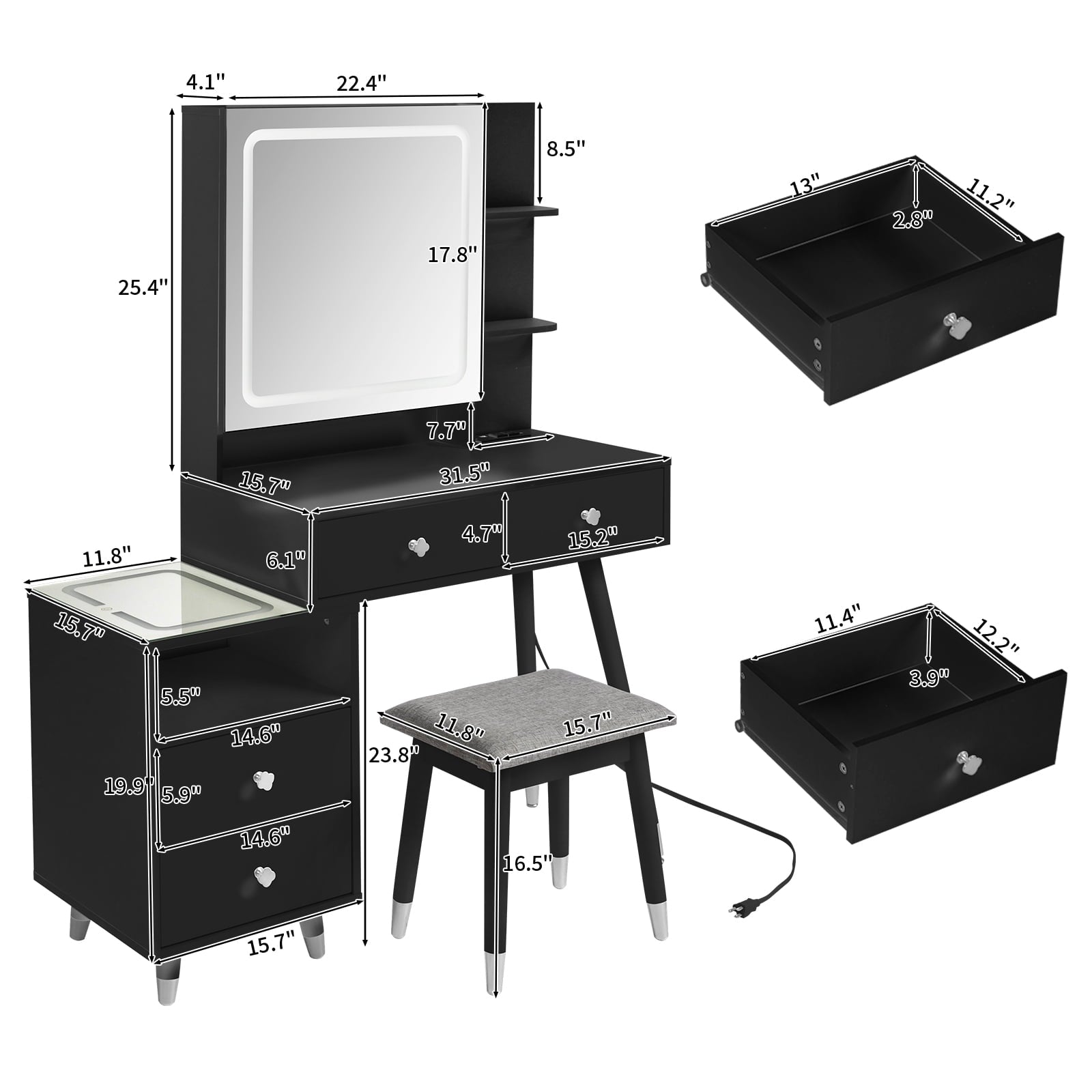 COOKCOK Vanity Desk, Vanity Mirror with Lights and Table Set with 4 Drawers, Vanity Set with Stool and Power Outlet, 3 Lighting Modes Brightness Adjustable for Bedroom Studio