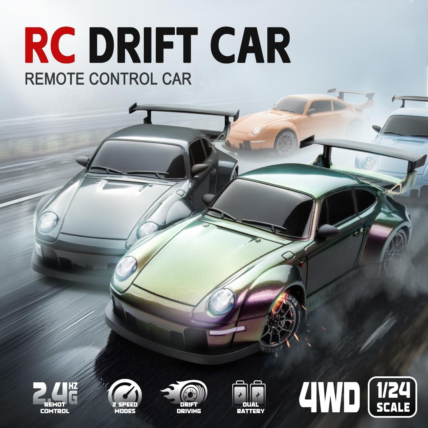 Track Seven RC Drift Car, 1:24 Scale Remote Control Vehicle with LED Lights, 2.4GHz 20KM/H 4WD High Speed RC Cars, Drifting Tires＆Two Batteries, Racing Sports Toy Idea Gift for Adults Boys Girls