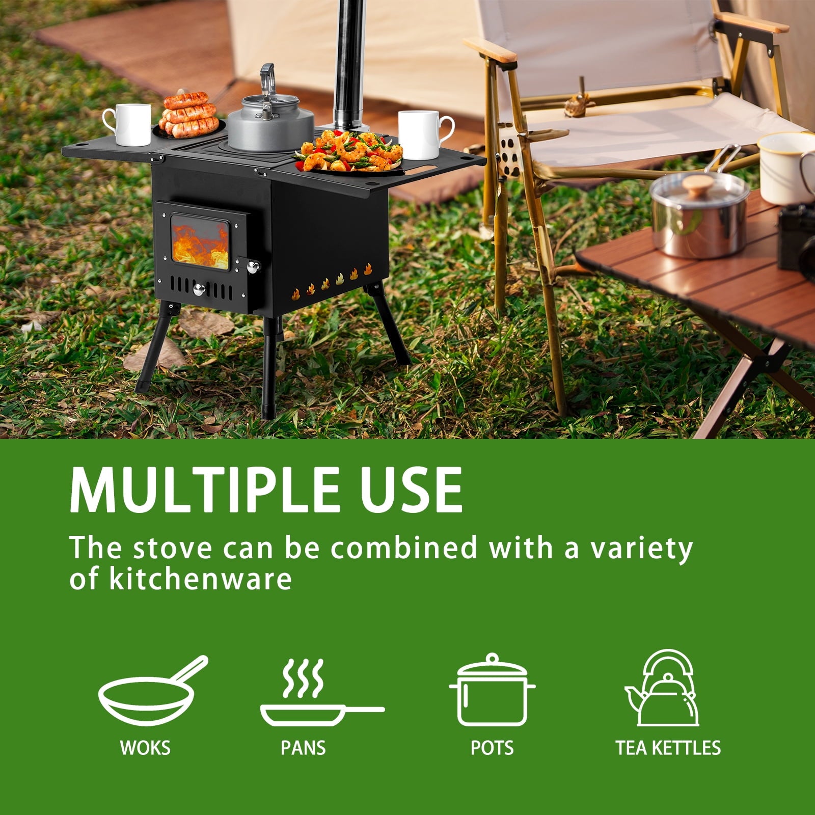 COOKCOK Camping rocket stove with chimney, 30.5"D x 16.1"W x 19.3"H, Alloy Steel, Black