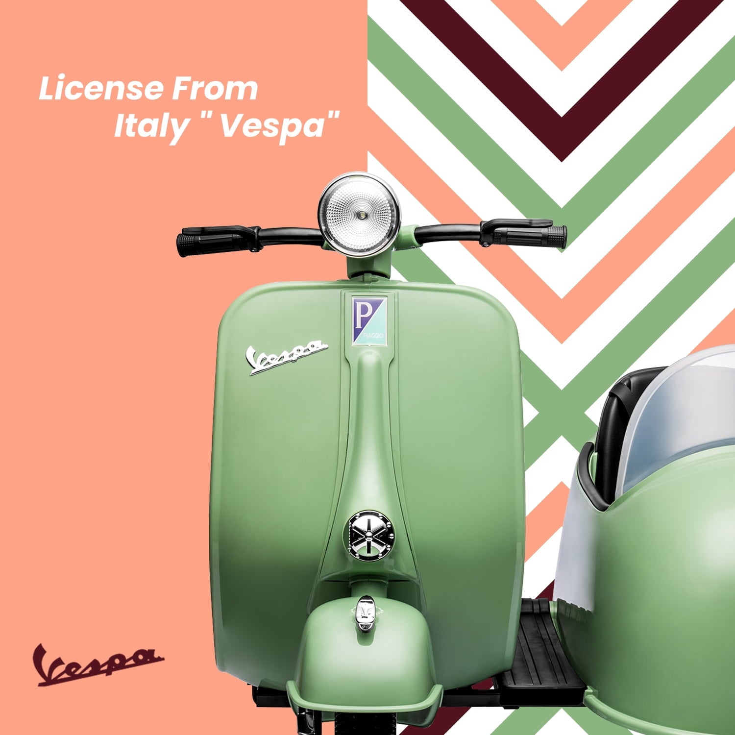 Track Seven 2-Seater Ride on Motorcycle, 12V Licensed Vespa Ride on Motorcycle wth Side Car, 2-Seater Ride on Car, Music, Max Speed 4.8mph, Green