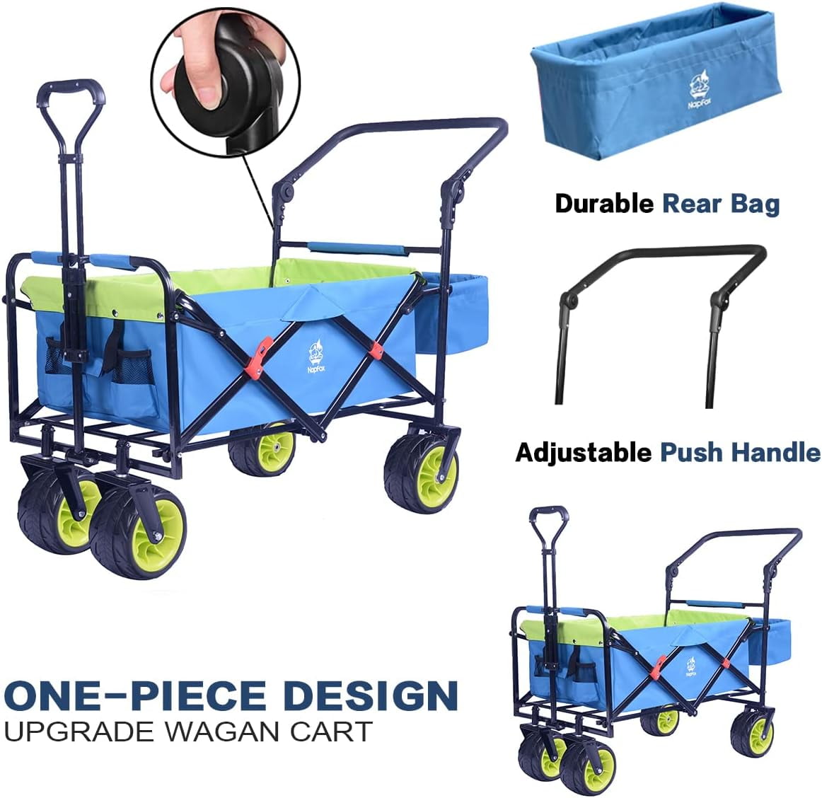 COOKCOK Collapsible Folding Wagon Cart, Heavy Duty Utility Wagon with Removable Rear Bag & Adjustable Push Pull Handle, All Terrain Beach Wagon with Big Wheel for Sand, Blue