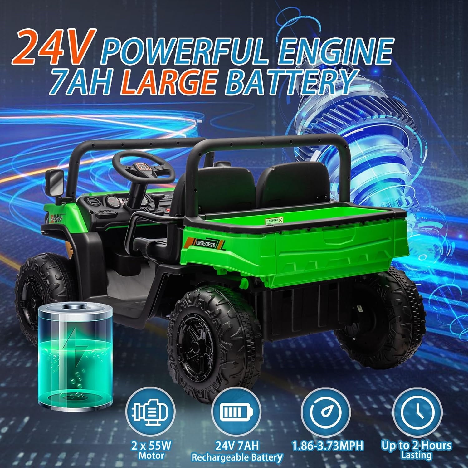 Track 7 24V 2 Seater Ride on Car, 25.79" Width Large Seat, 24V Ride On UTV w/Remote Control, Automatic Tipping Bucket, Bluetooth, Portable Handle, Electric Car Truck for Boys Girls Age 3+, Green
