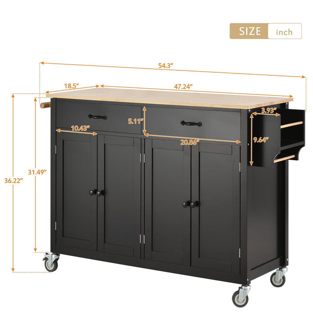 COOKCOK Kitchen Island Cart, Rolling Mobile Kitchen Island Cart with Wood Top and Locking Wheels, Storage Utility Cart with 4 Door Cabinet and Two Drawers, Spice Rack, Towel Rack, Black