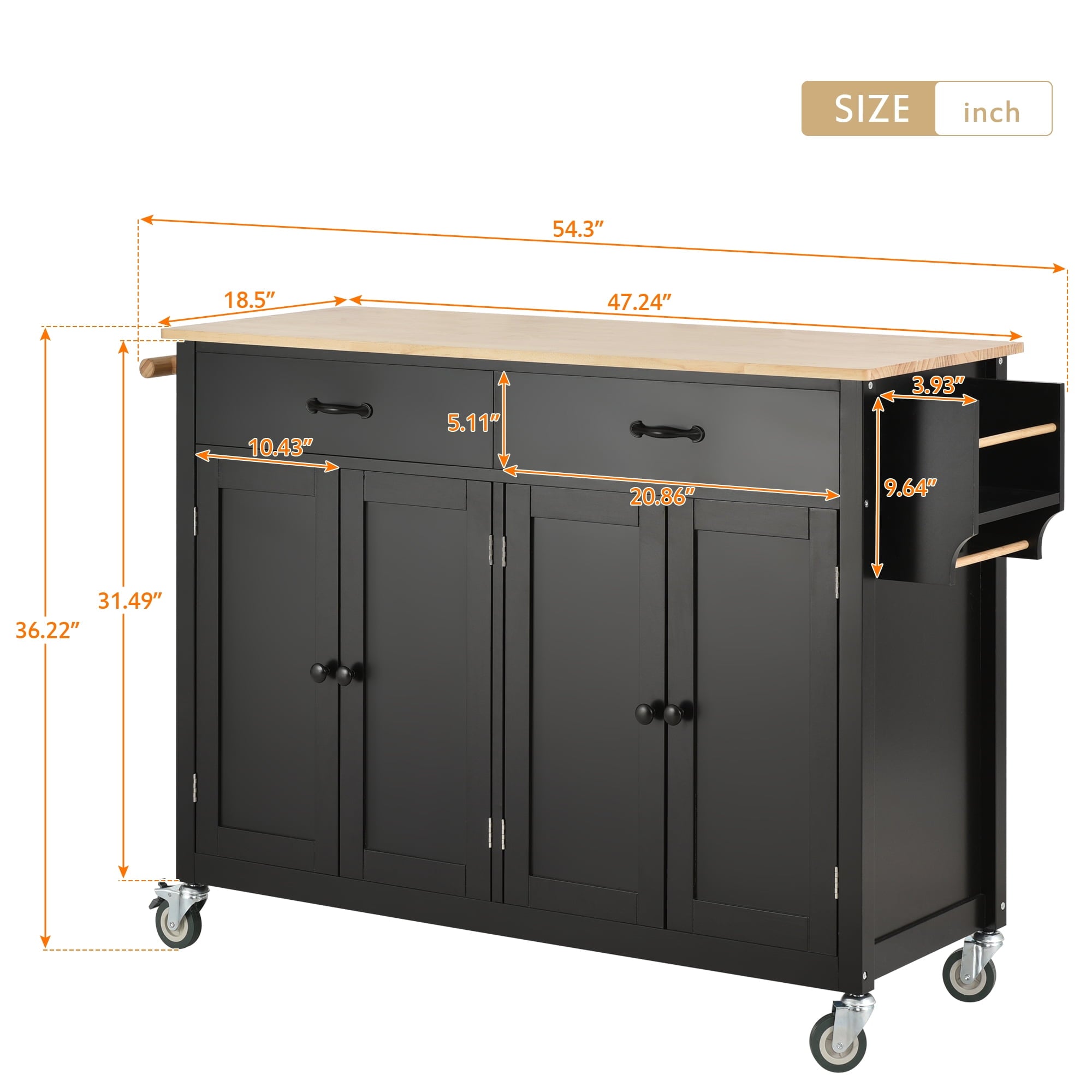 COOKCOK Kitchen Island Cart, Rolling Mobile Kitchen Island Cart with Wood Top and Locking Wheels, Storage Utility Cart with 4 Door Cabinet and Two Drawers, Spice Rack, Towel Rack, Black