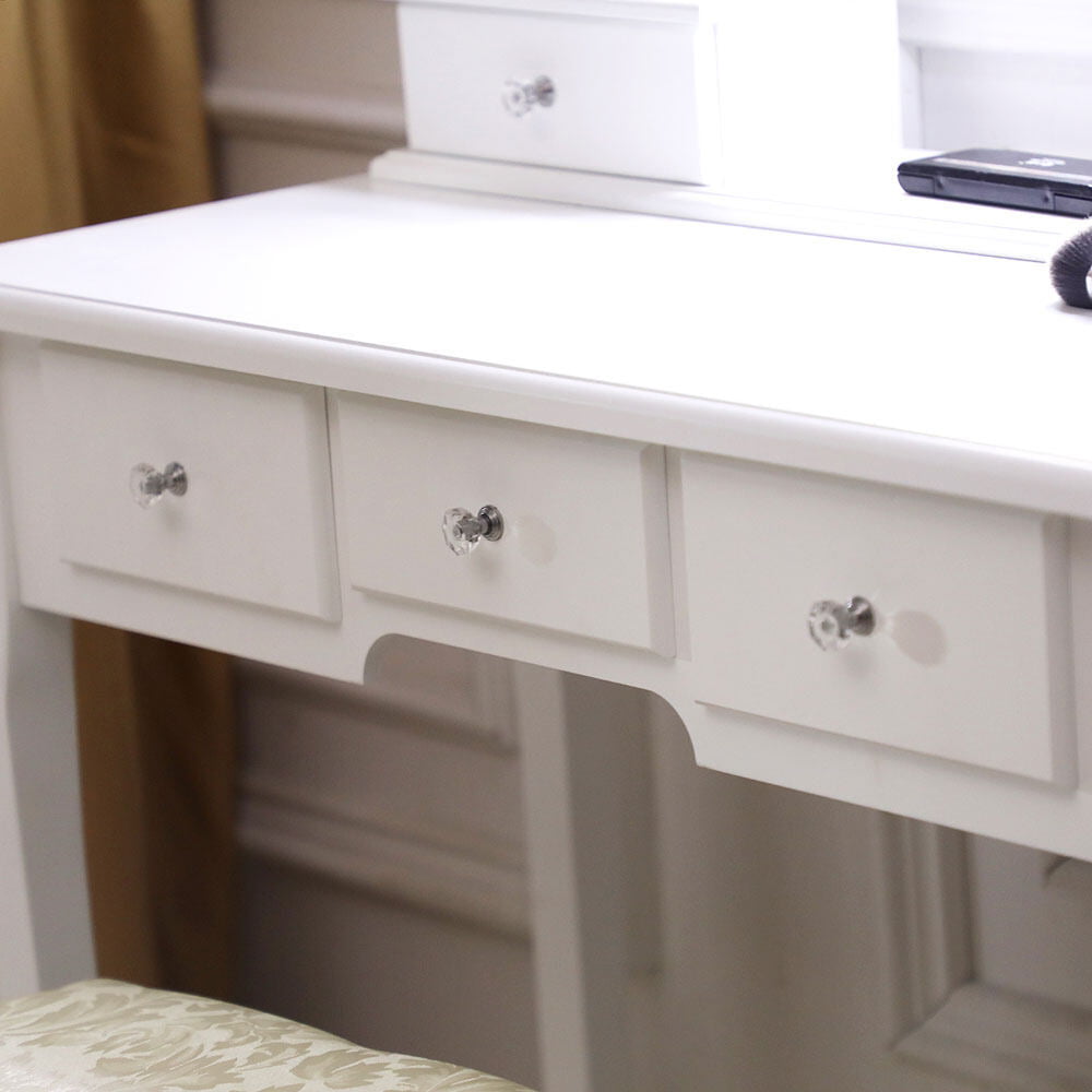 COOKCOK Vanity Set with Lighted Mirror, Vanity Dressing Table, 5 Drawer with 2 Dividers Removable Organizer, Makeup Table and Cushioned Stool Set with 10 LED Bulb, White
