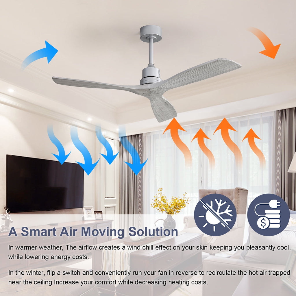 COOKCOK 52" Ceiling Fan, Outdoor Wood Ceiling Fan with Remote, 3 Carved Wood Fan Blade, Reversible Motor, Grey