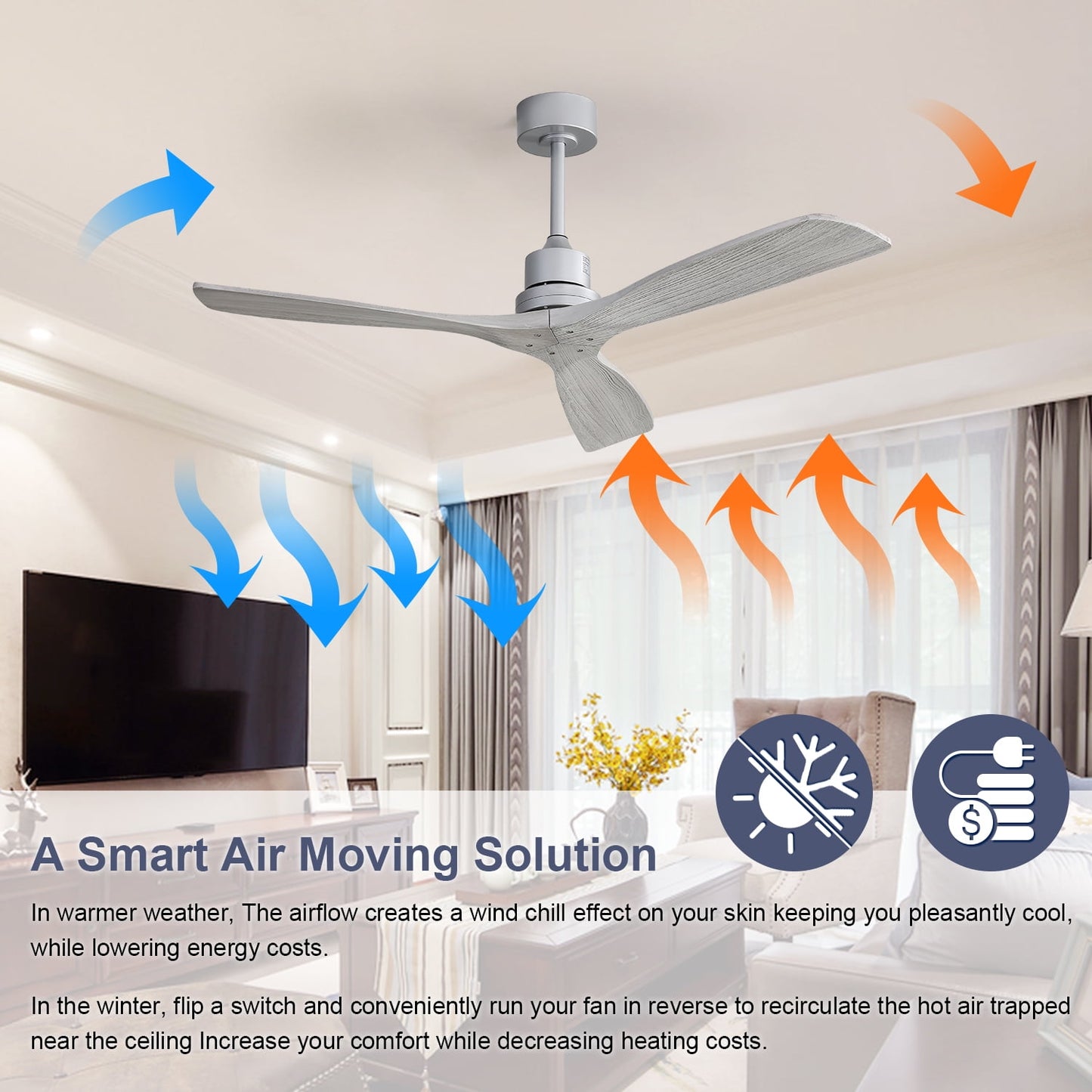 COOKCOK 52" Ceiling Fan, Outdoor Wood Ceiling Fan with Remote, 3 Carved Wood Fan Blade, Reversible Motor, Grey