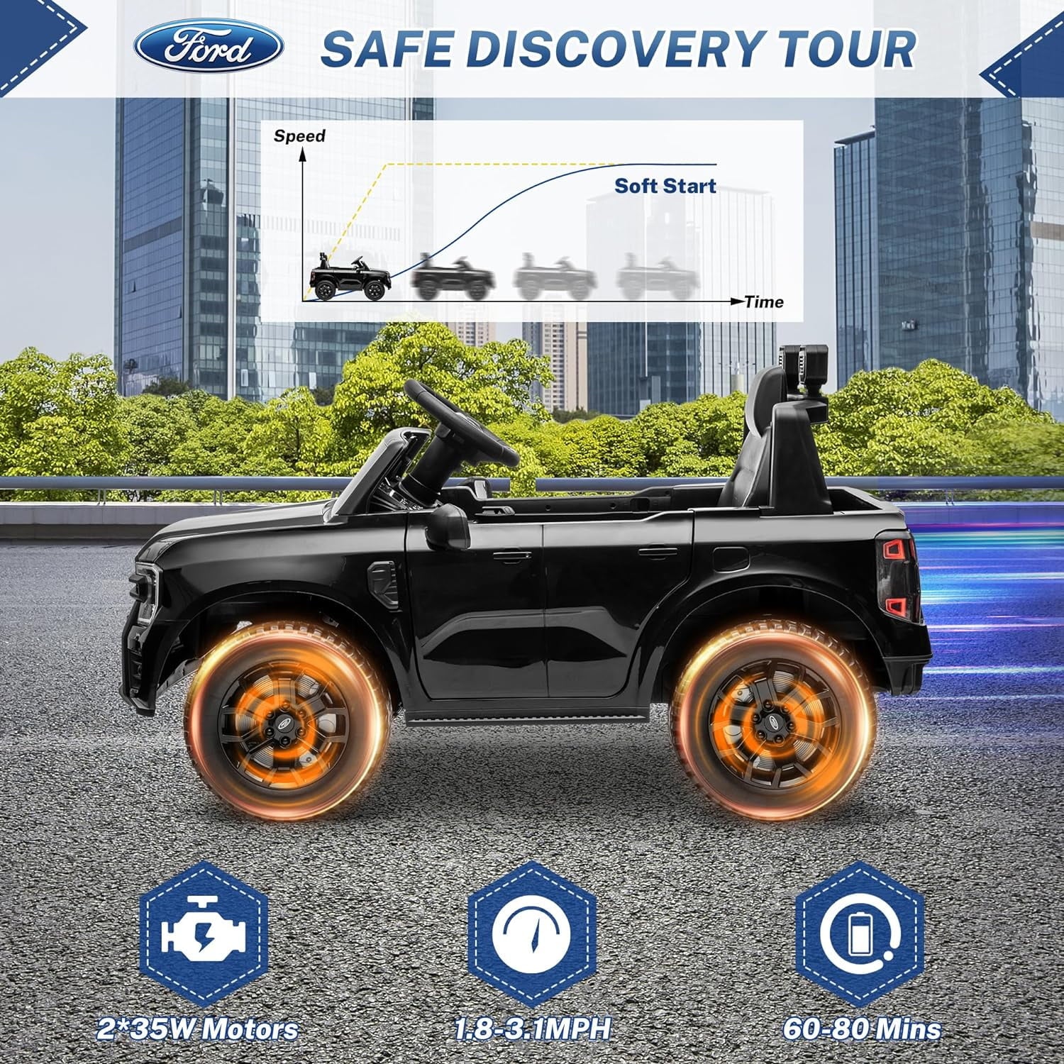 Track 7 12 V Licensed Ford Ranger Powered Ride-On Toy with Remote Control and Bluetooth Enabled