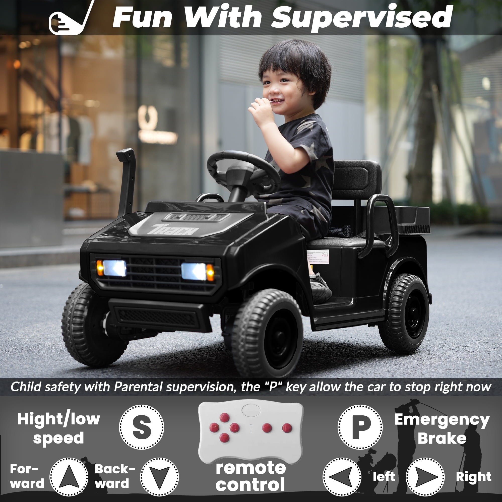 SUSIELADY 24V Kids Ride on Car, Ride on Truck, Electric Golf Cart with Ceiling, 18.5" Large Seat with Armrests, Rear Storage Box, Remote Control, Music, for Kids Aged 3+
