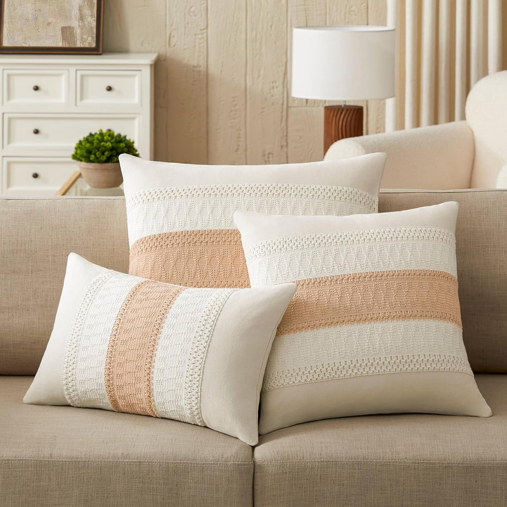COOKCOK 2 Packs Cotton Boho Christmas Pillow Covers 18x18 Inch Contrast Beige, Soft Farmhouse Decorative Couch Pillow Cases Beige Cushion Covers for Sofa Bed Living Room Home Decor