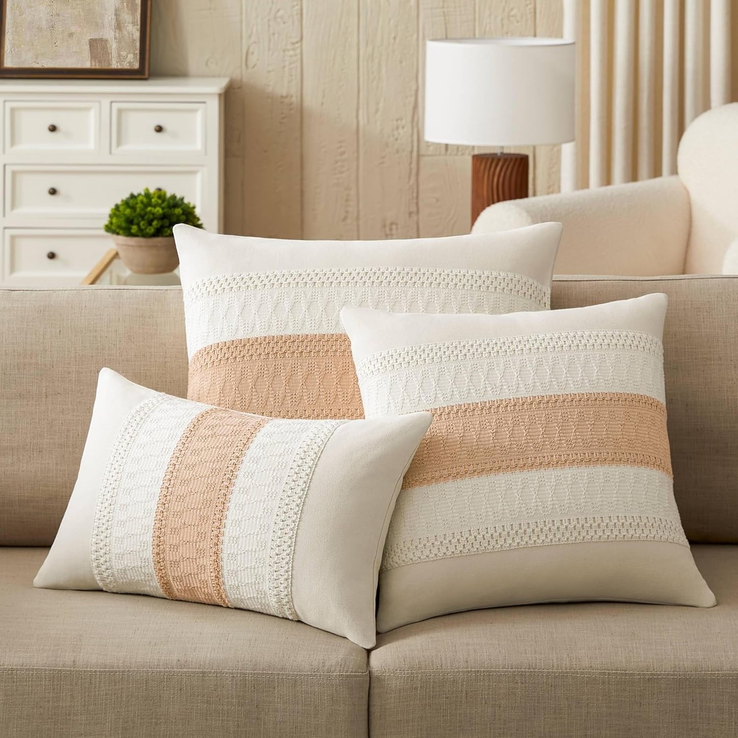 COOKCOK 2 Packs Cotton Boho Christmas Pillow Covers 18x18 Inch Contrast Beige, Soft Farmhouse Decorative Couch Pillow Cases Beige Cushion Covers for Sofa Bed Living Room Home Decor