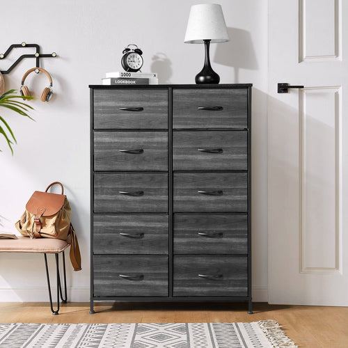 COOKCOK 10 Drawer Dresser - Fabric Storage Tower, Organizer Unit for Bedroom, Living Room, Hallway, Closets - Sturdy Steel Frame, Wooden Top & Easy Pull Fabric Bins