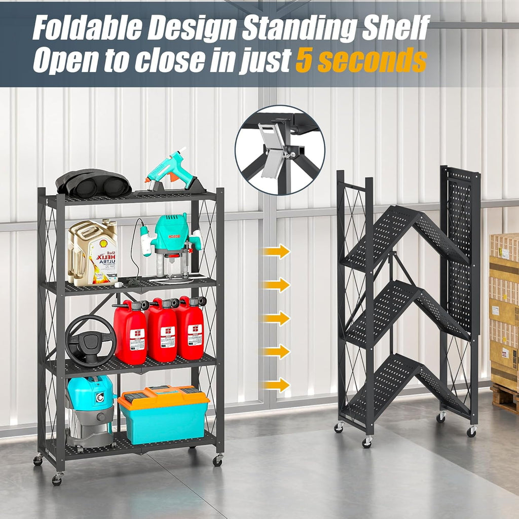 COOKCOK 4-Tier Storage Shelves, Foldable Shelving Units with Wheels, 27.9"x13.4"x 47.8", Freestanding Wire Shelf Rack with Hooks, No Assembly Organizer Rack for Garage Kitchen, Black (Pack of 2)