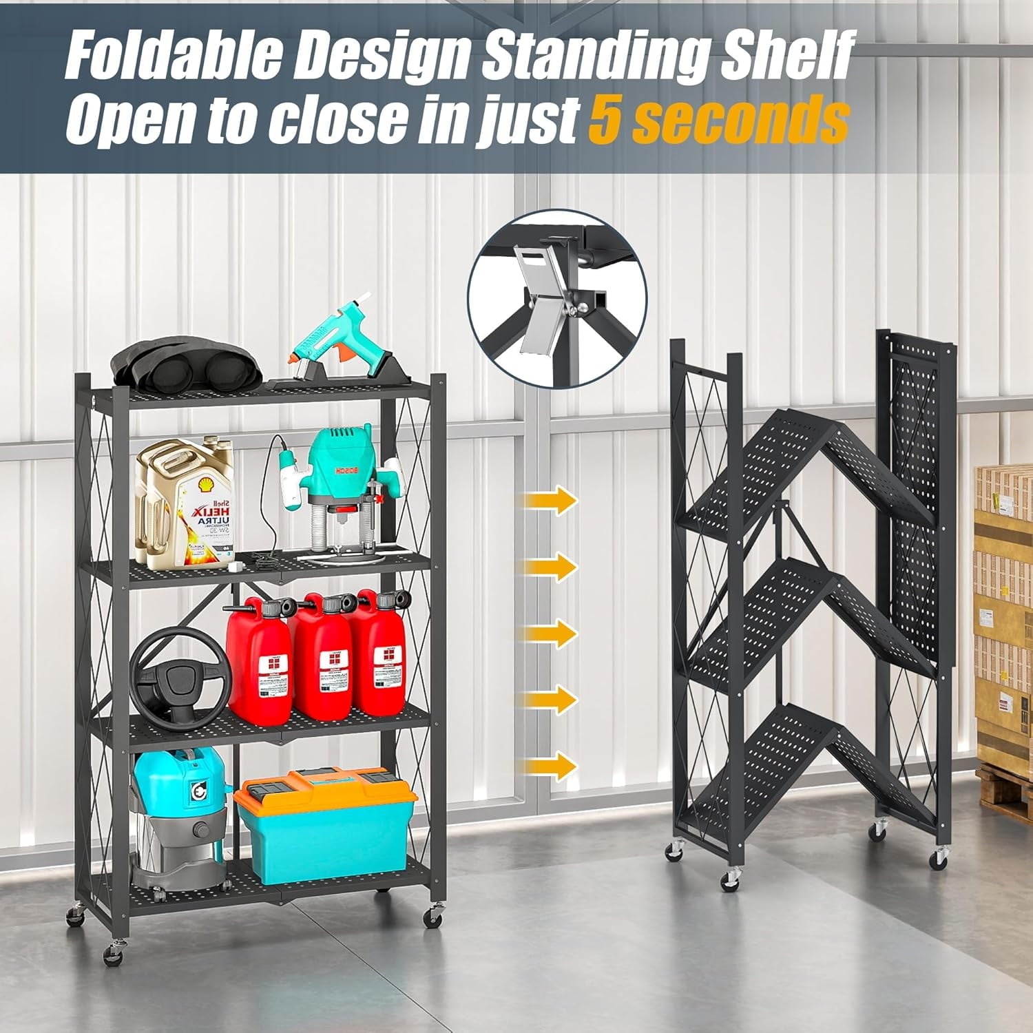 COOKCOK 4-Tier Storage Shelves, Foldable Shelving Units with Wheels, 27.9"x13.4"x 47.8", Freestanding Wire Shelf Rack with Hooks, No Assembly Organizer Rack for Garage Kitchen, Black (Pack of 2)