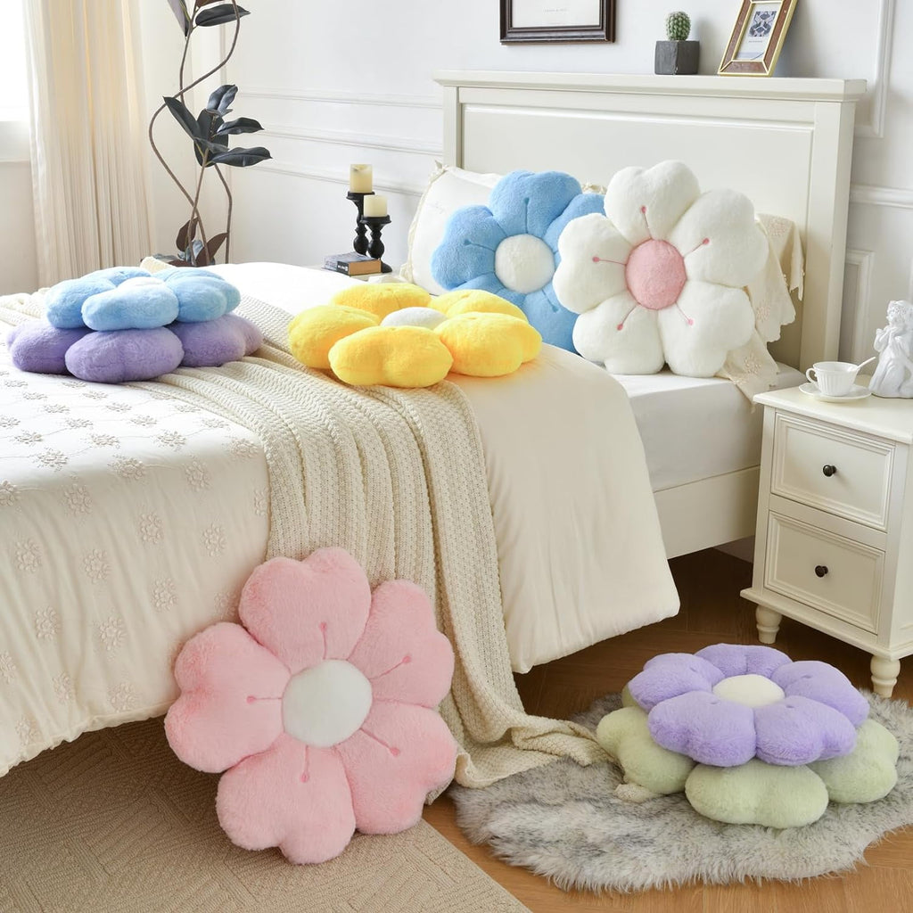 COOKCOK Flower Pillow, 15" Flower Shaped Throw Pillows for Bed Couch, Cute Daisy Flower Pillows Seating Cushions with Room Decor for Bedroom Living Room, White