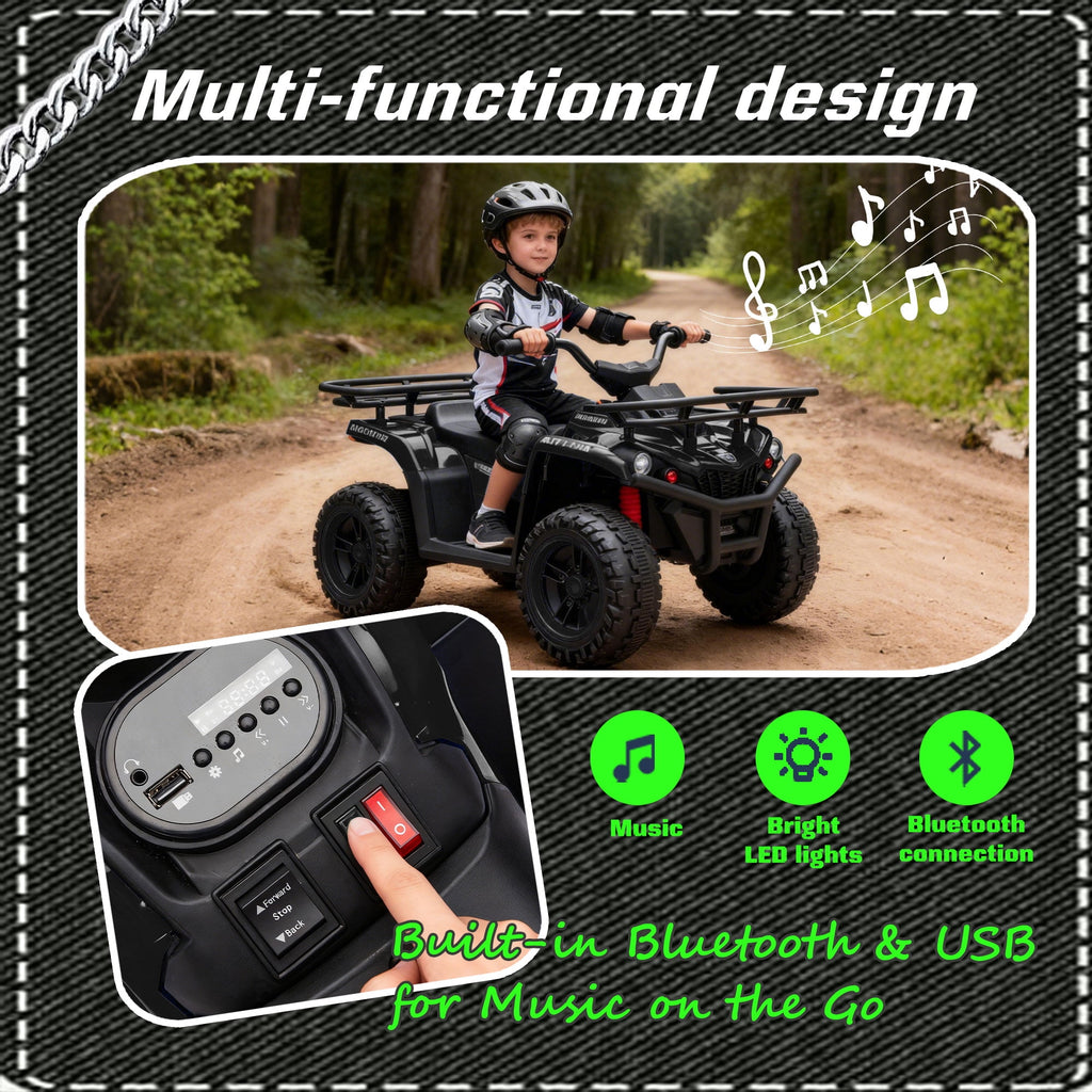 Track Seven 24V Ride on ATV, Kids ATV 4 Wheeler Quad Ride on Toy with Bluetooth, Crash Bar, Front & Rear Storage Rack, Power Display, LED Lights, Electric ATV for Boys Girls Aged 3+, Black