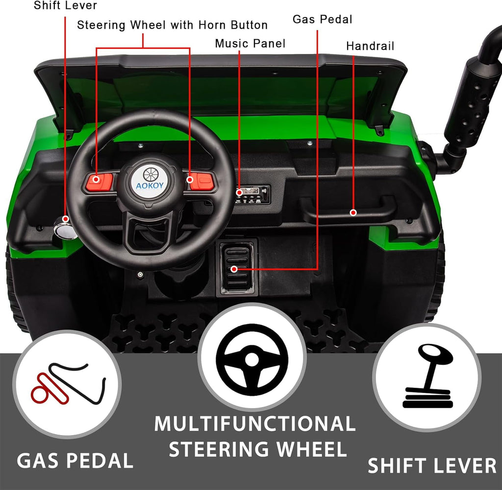 Track Seven 24V Ride on Car, 2-Seater Ride On Dump Truck, 6 Wheels Electric Car with Remote Control, Music, Shift Lever, off-Road Ride on UTV, Green