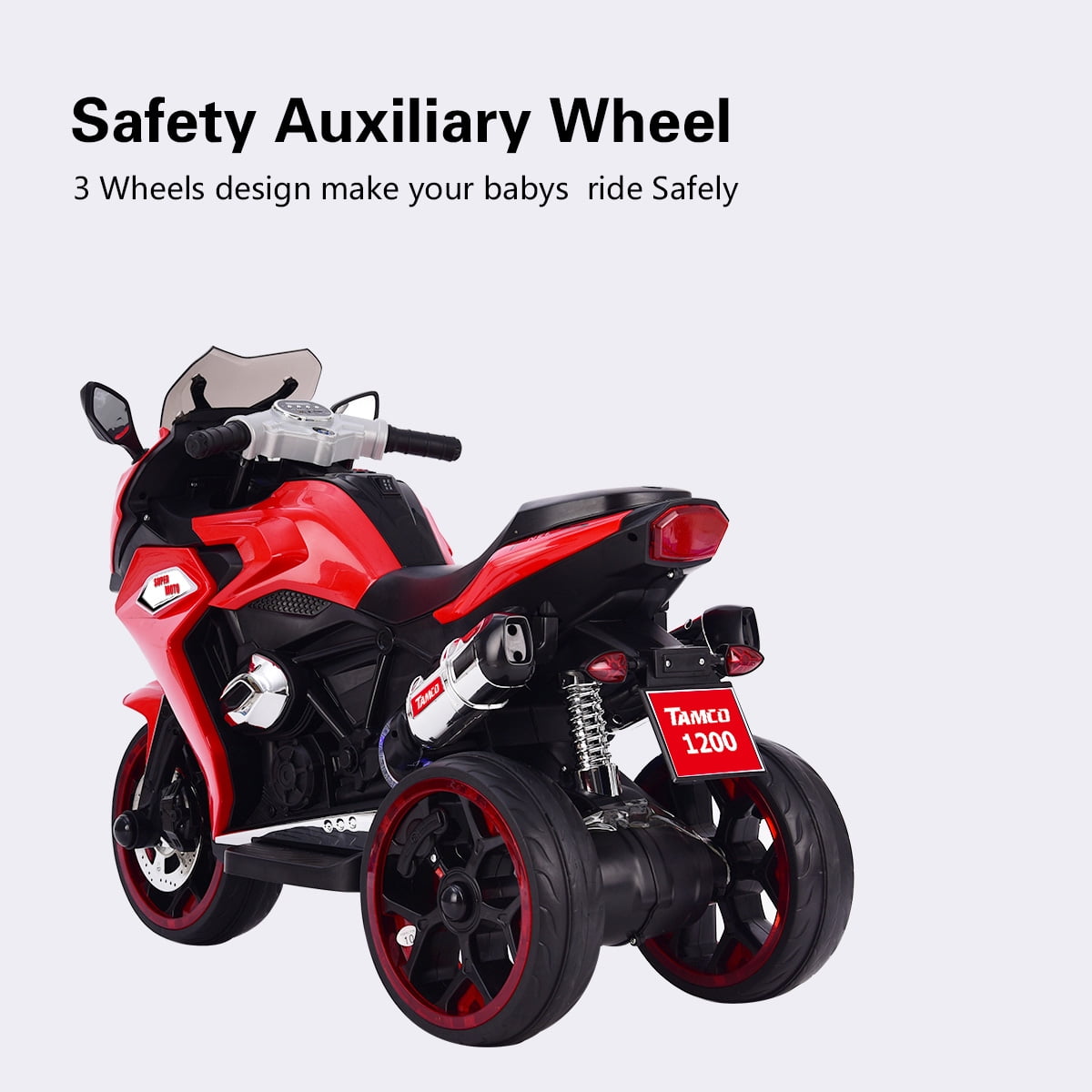 Track 7 12 V Kids Ride on Motorcycle, 3 Wheels Electric Trike Motorcycle for Boys and Girls, Light Wheels, Music, Headlights, Red