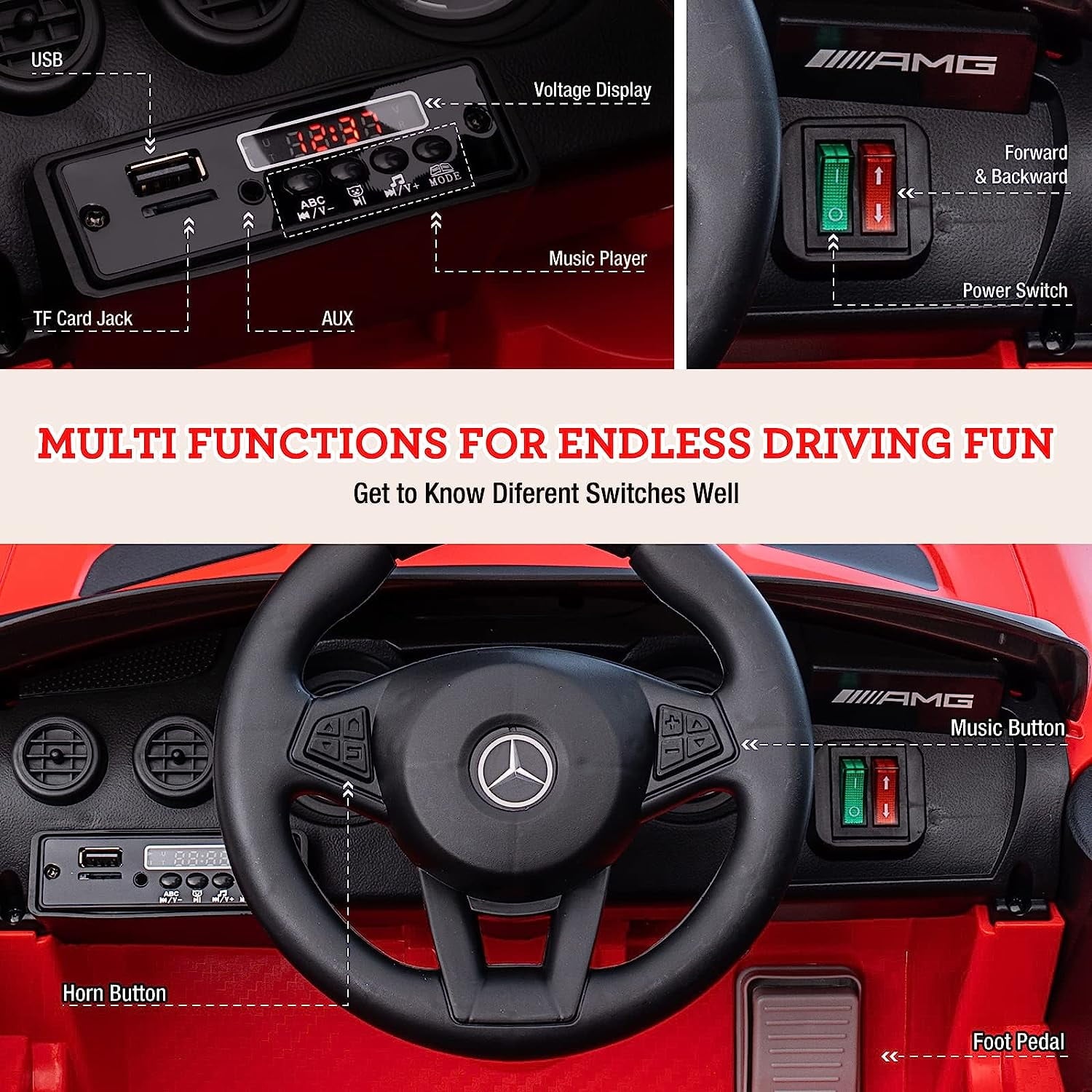 Track 7 Ride on Car with Remote Control, 12V Licensed Benz Electric Car for Kids Age 3+, AUX/FM/USB, Kids Ride on Toy Car, Red