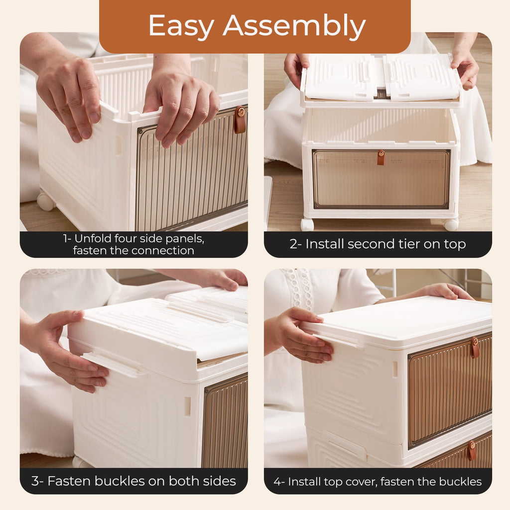 COOKCOK 3 Tier Foldable Storage Box, Plastic Drawers with lids Storage Organizer Containers for Bedroom, Toys Room, Kitchen, Office, Stackable Storage Bins with Wheels