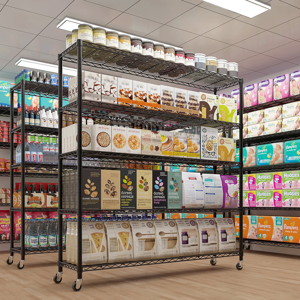 COOKCOK 5-Tier Storage Shelves, 74" H Heavy Duty Wire Storage Shelves with Wheels, Adjustable Metal Shelving, Rolling Metal Organizer Shelf Utility Rack for Warehouse, Restaurant, 59" x 17" x 74"