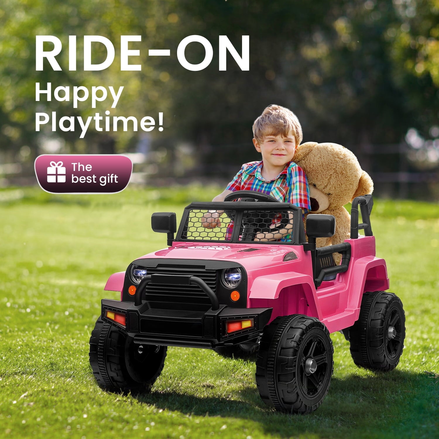 Track Seven Kids Ride on Truck, 12V Electric Car for Boys Girls Age 3+, Music, Ride on Car with Remote Control, Pink