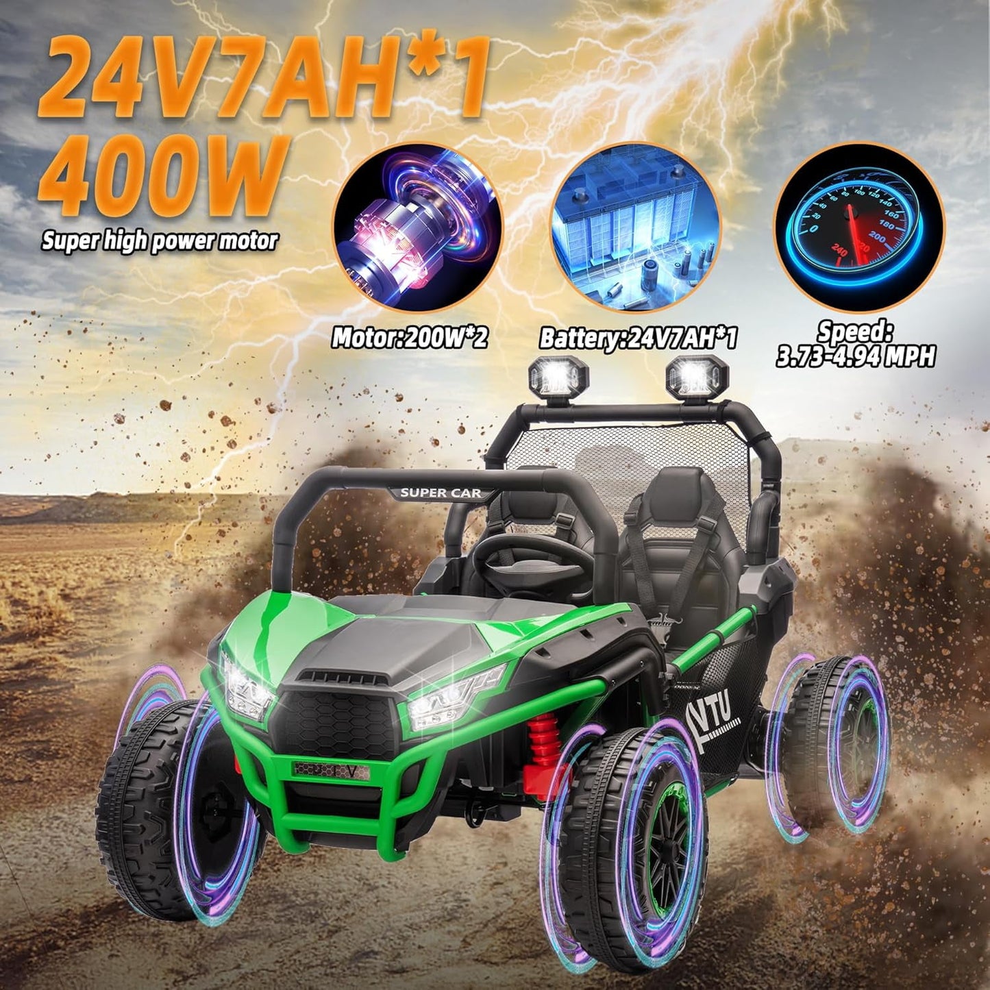 Track 7 24V Ride on Car for Kids, 2 Seater Ride on UTV with Remote Control, 20" Seat Width, 400W Electric Car, LED Lights, Rear Searchlight, Bluetooth, Rear Storage, 5 mph High Speed, Green