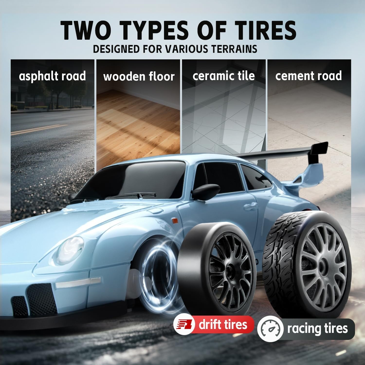 Track Seven RC Drift Car, 1:24 Scale Remote Control Vehicle with LED Lights, 2.4GHz 20KM/H 4WD High Speed RC Cars, Drifting Tires＆Two Batteries, Racing Sports Toy Idea Gift for Adults Boys Girls
