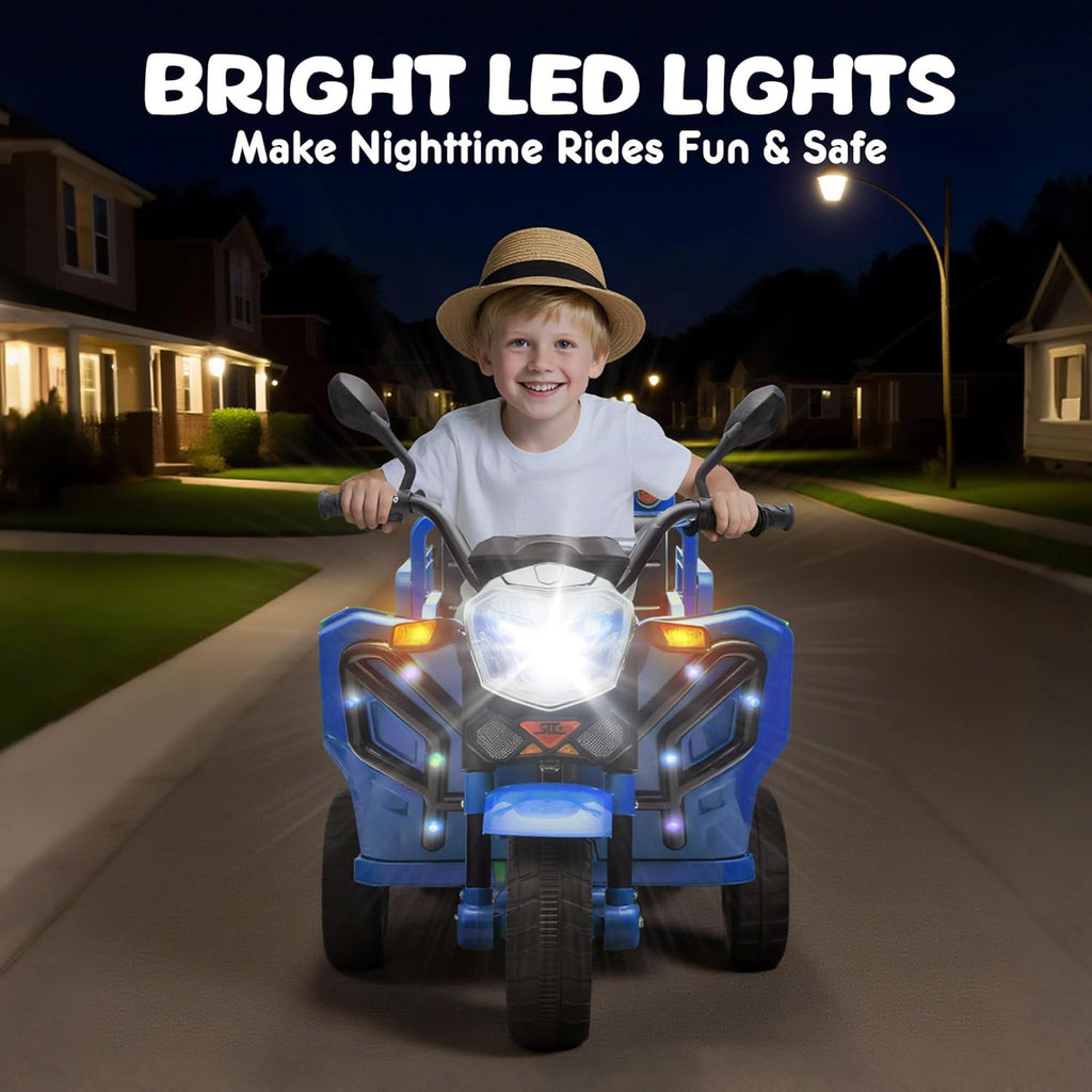 Track Seven 12V Kids Ride on Car, Electric 3-Wheel Cargo Truck with Large Storage Space, LED Lights, Music, Electric Trike Ride on Toy for Kids Aged 3+, Blue