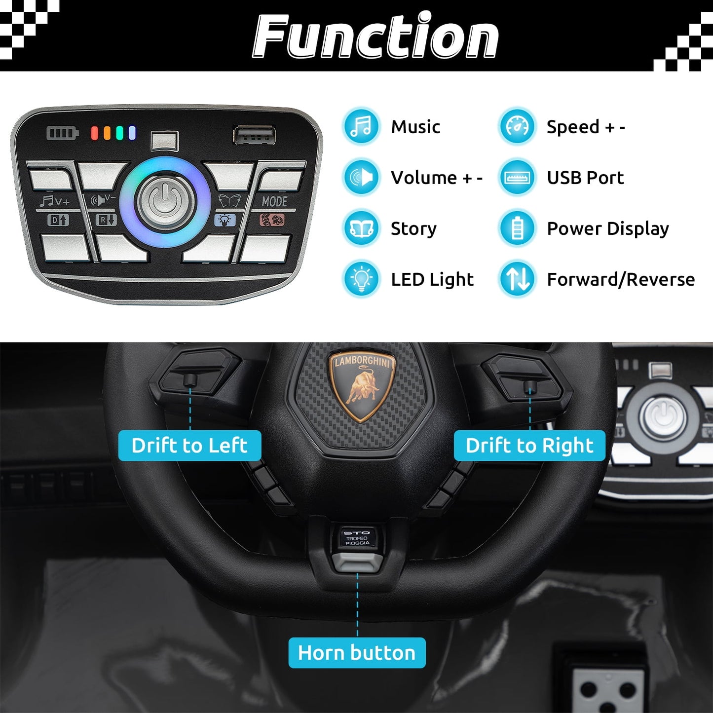 Track 7 12V Kids Ride on Car, Licensed Lamborghini STO Electric Car for Kids Age 3+, Remote Control, Music, Motorized Drift Electric Vehicle, Max Speed 5mph, Blue