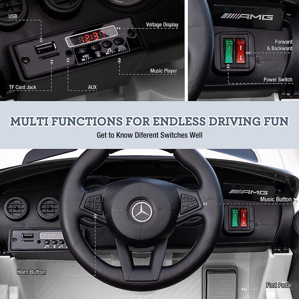 Track 7 Ride on Car with Remote Control, Licensed Benz Electric Car for Kids, 12V Electric Vehicles with AUX/FM/USB, LED Lights, White