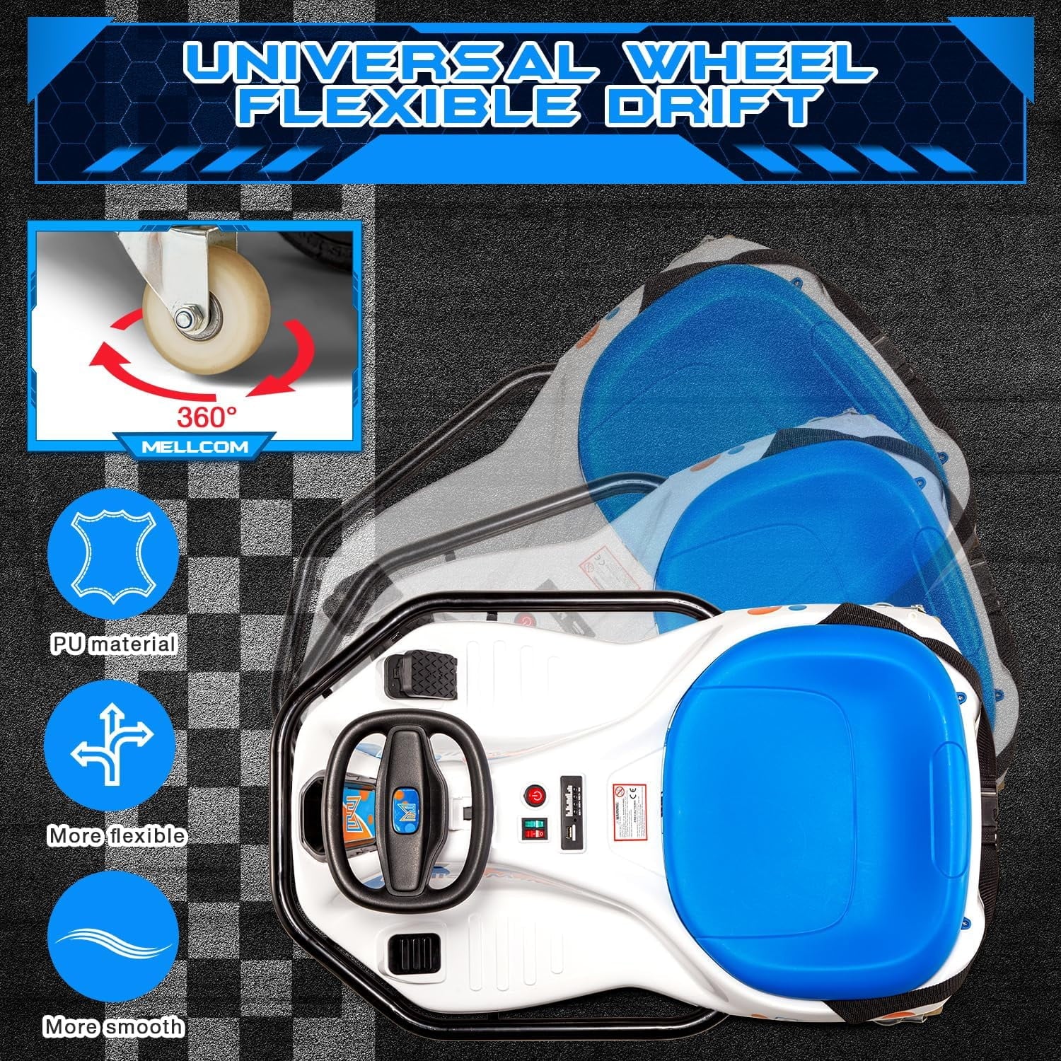 Track 7 24V Electric Drifting Go Kart for Kids, Kids Electric Go Kart w/360-Degree Spin, Music, Bluetooth, Flag, Drift Kart Up to 7.5 mph, Blue