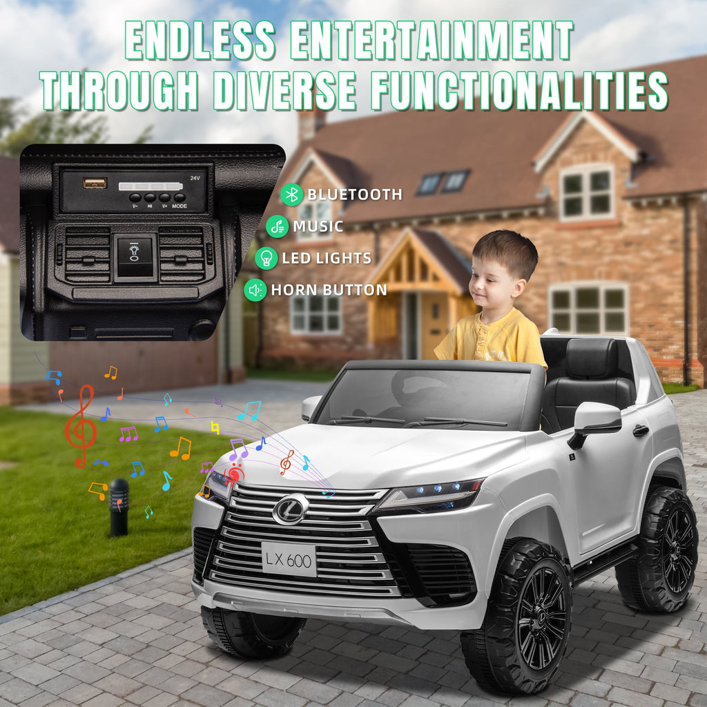 Track Seven 24V 2 Seater Ride on Car, Licensed LEXUS LX600 Electric Car with Remote, 20" Width Seat, Bluetooth, LED Lights, Key Start, Portable Handle, 24V Ride on for Boys Girls Age 3+, White