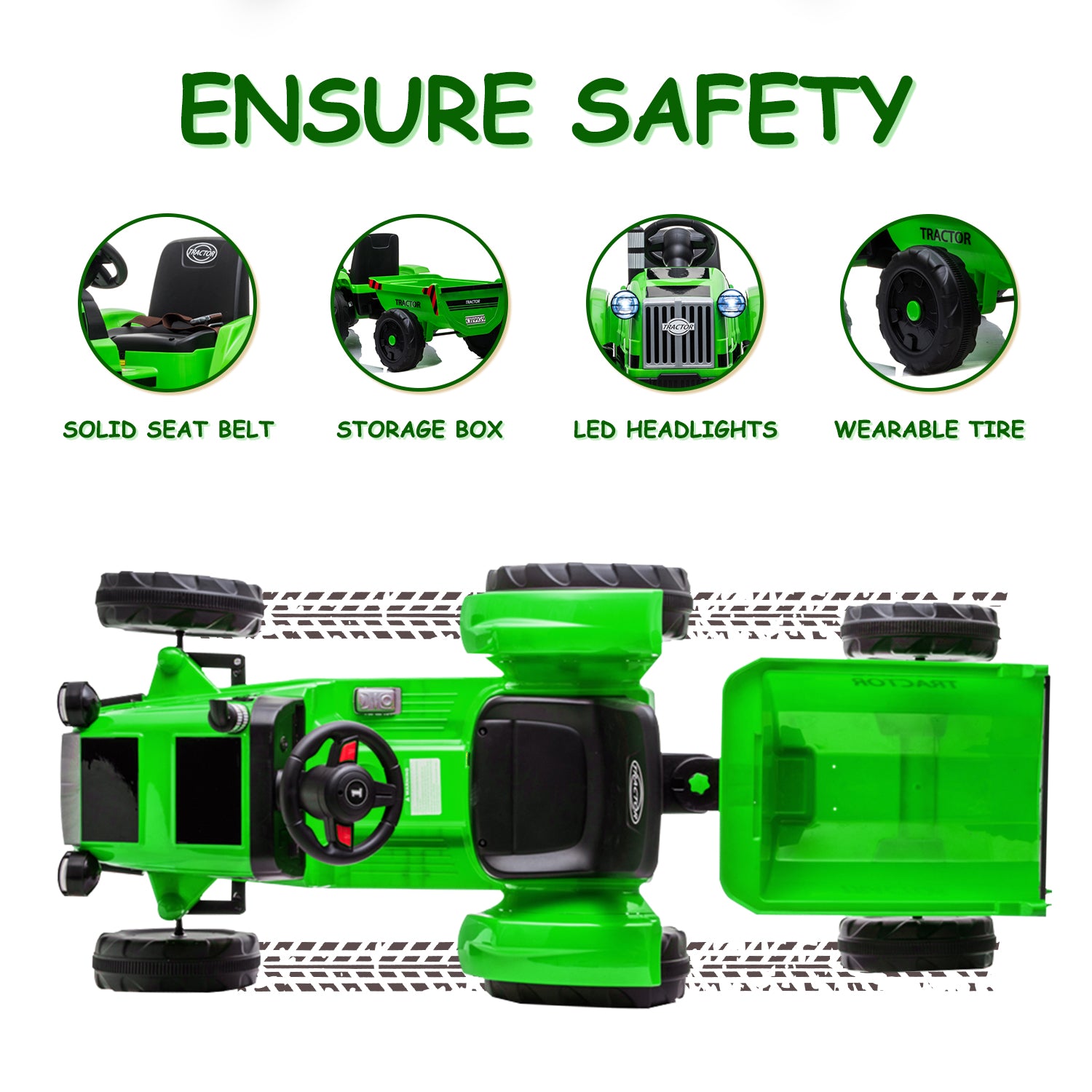 Track 7 12V Ride on Tractor with Trailer, 6-Wheel Electric Truck for Boys Girls, Kids Ride on Car with Remote Control, Music, Lights, Green