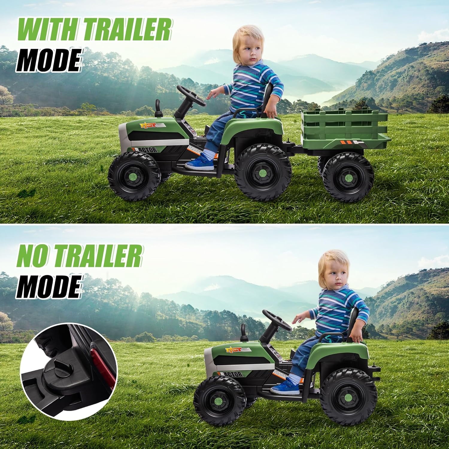 Track 7 24V Ride on Tractor with Trailer, 400W Motor, 6-Wheels Ride on Car with Remote Control, Music, Lights, 24V Electric Tractor Max Speed 4.9 mph, Green
