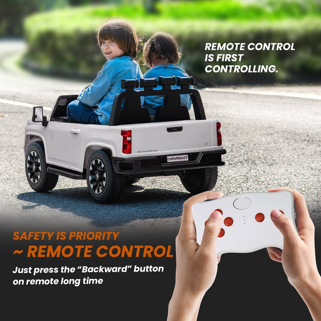Track Seven 24V Ride on Car, Licensed Silverado HD 2 Seater Electric Car for Boys Girls Age 3+, 24V Ride on Truck w/Remote Control, Music, ABC, White