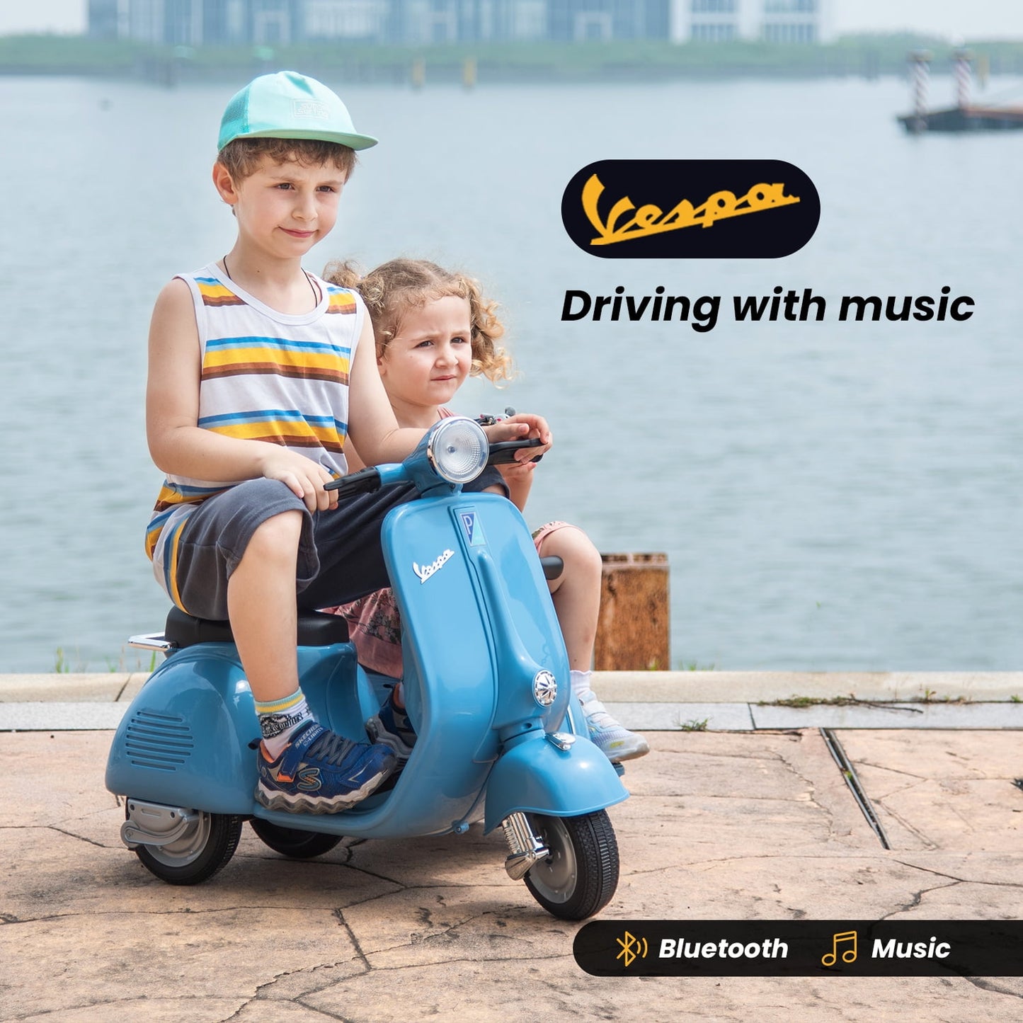 Track Seven 2-Seater Ride on Motorcycle, Licensed Vespa Electric Motorcycle with Side Car, 2-Seater Ride on Car, Music, Storage Bin, Max Speed 3.7mph, Blue