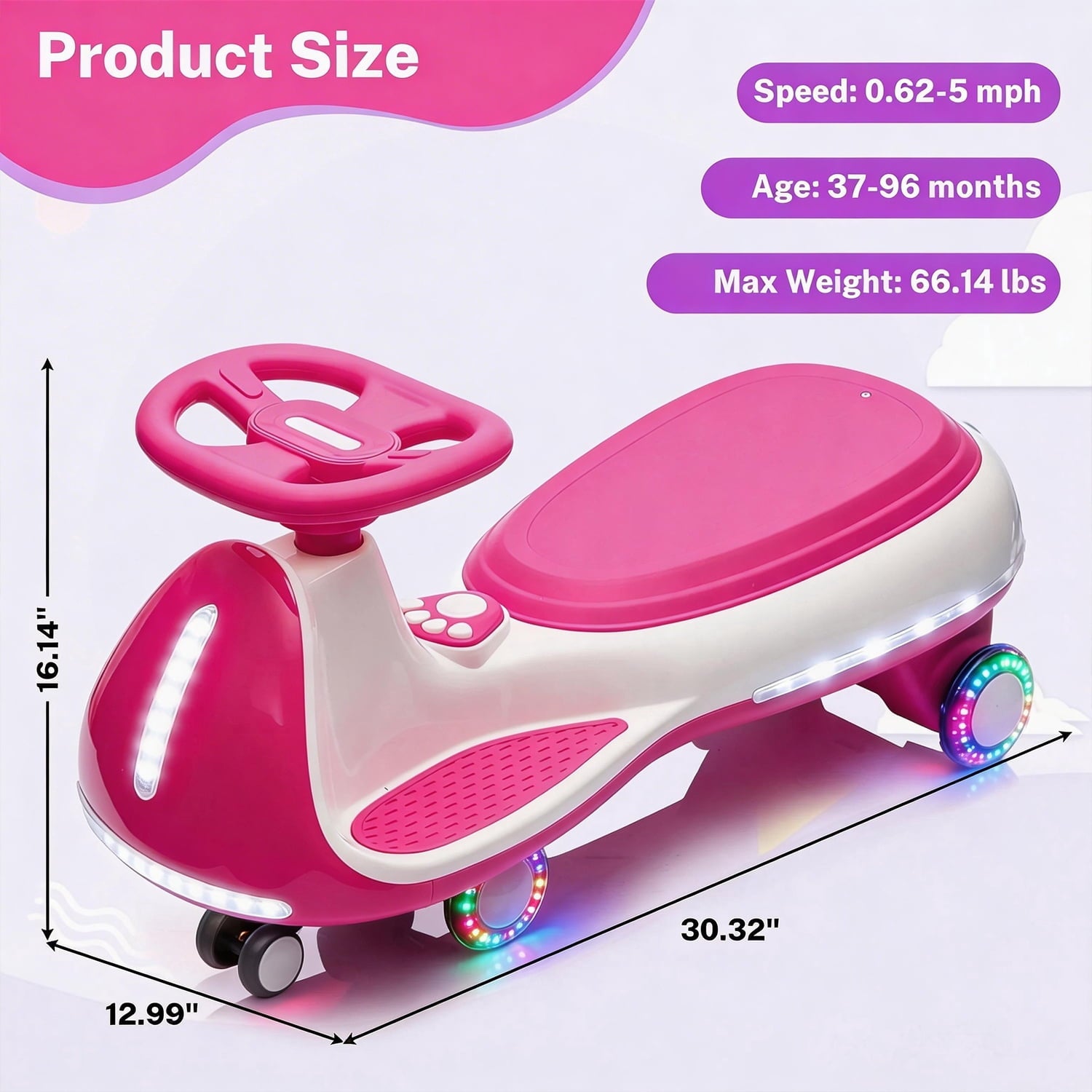 Track Seven 12V Electric Wiggle Car with Pedal, 2 in 1 Swing Car, Bluetooth, LED Lights, Flashing PU Wheels, Max Speed 5 Mph, Anti-Rollover, 12V Ride on Toy Car for Kids Toddlers Aged 3+
