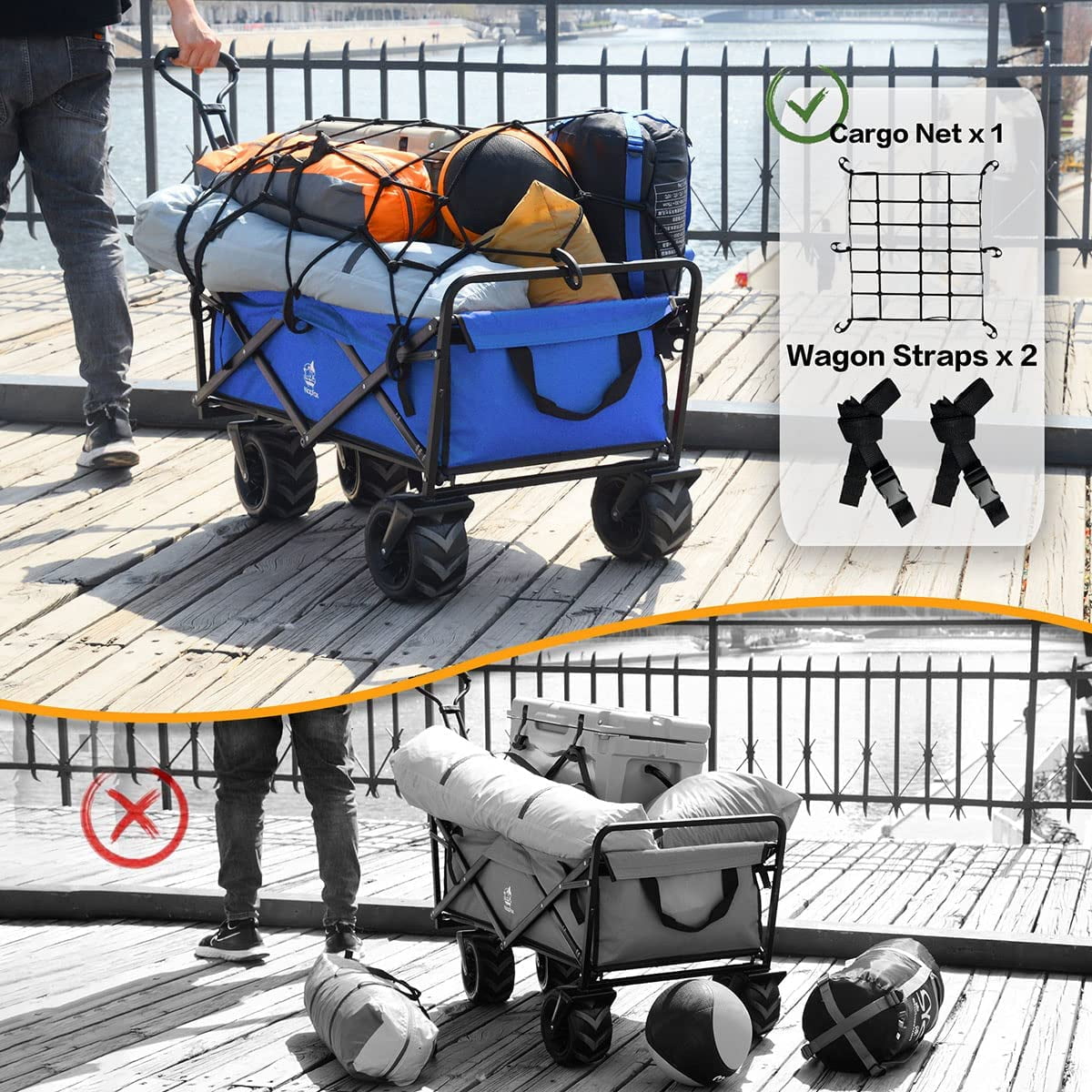 COOKCOK Collapsible Heavy Duty Beach Wagon Cart, Outdoor Folding Utility Cart with Universal Wheels, Adjustable Handle, Cargo net & Wagon Straps for Shopping, Camping, Blue