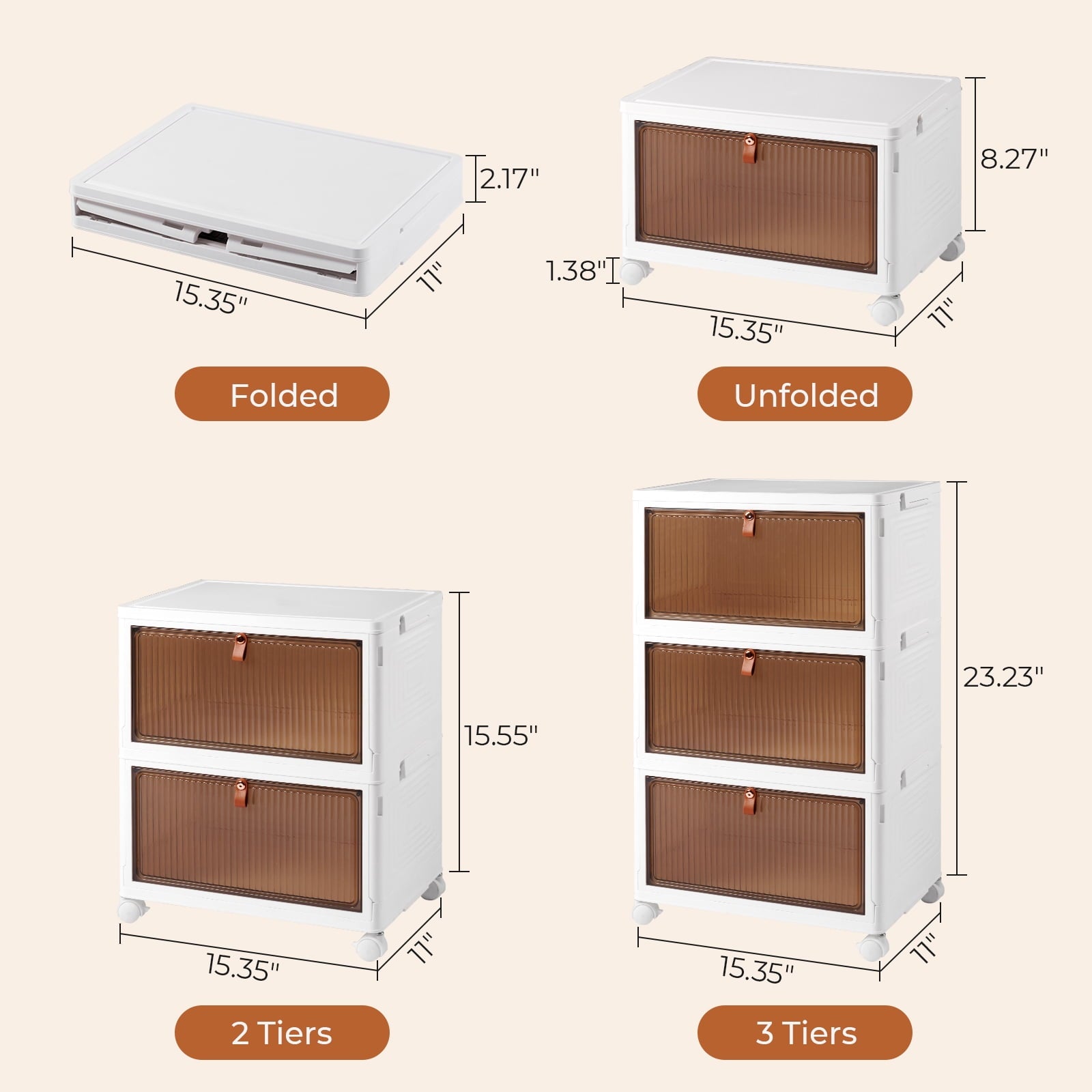 COOKCOK 3 Tier Foldable Storage Box, Plastic Drawers with lids Storage Organizer Containers for Bedroom, Toys Room, Kitchen, Office, Stackable Storage Bins with Wheels