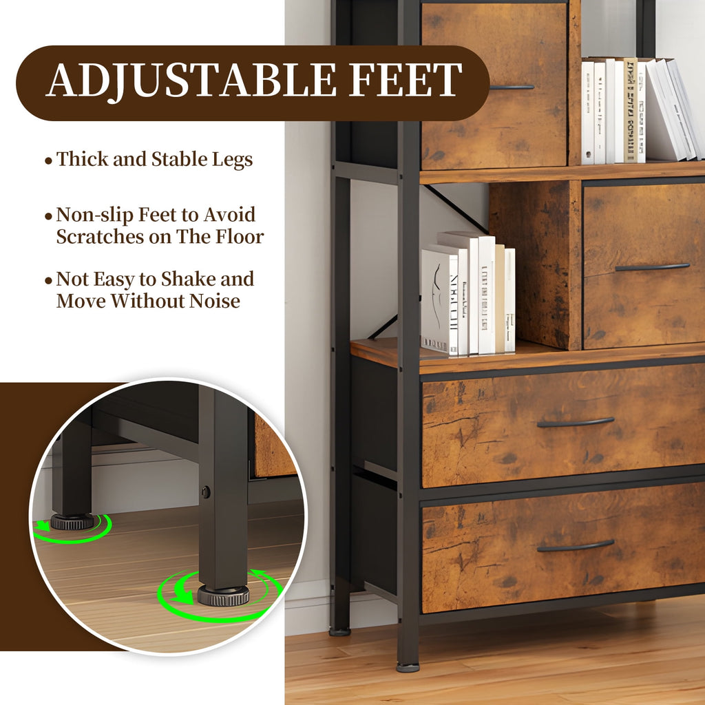 COOKCOK  5 Tier Bookshelf, Bookcase with 4 Drawers Shelves, Tall Book Shelf Book Case for Home & Office, Rustic Brown