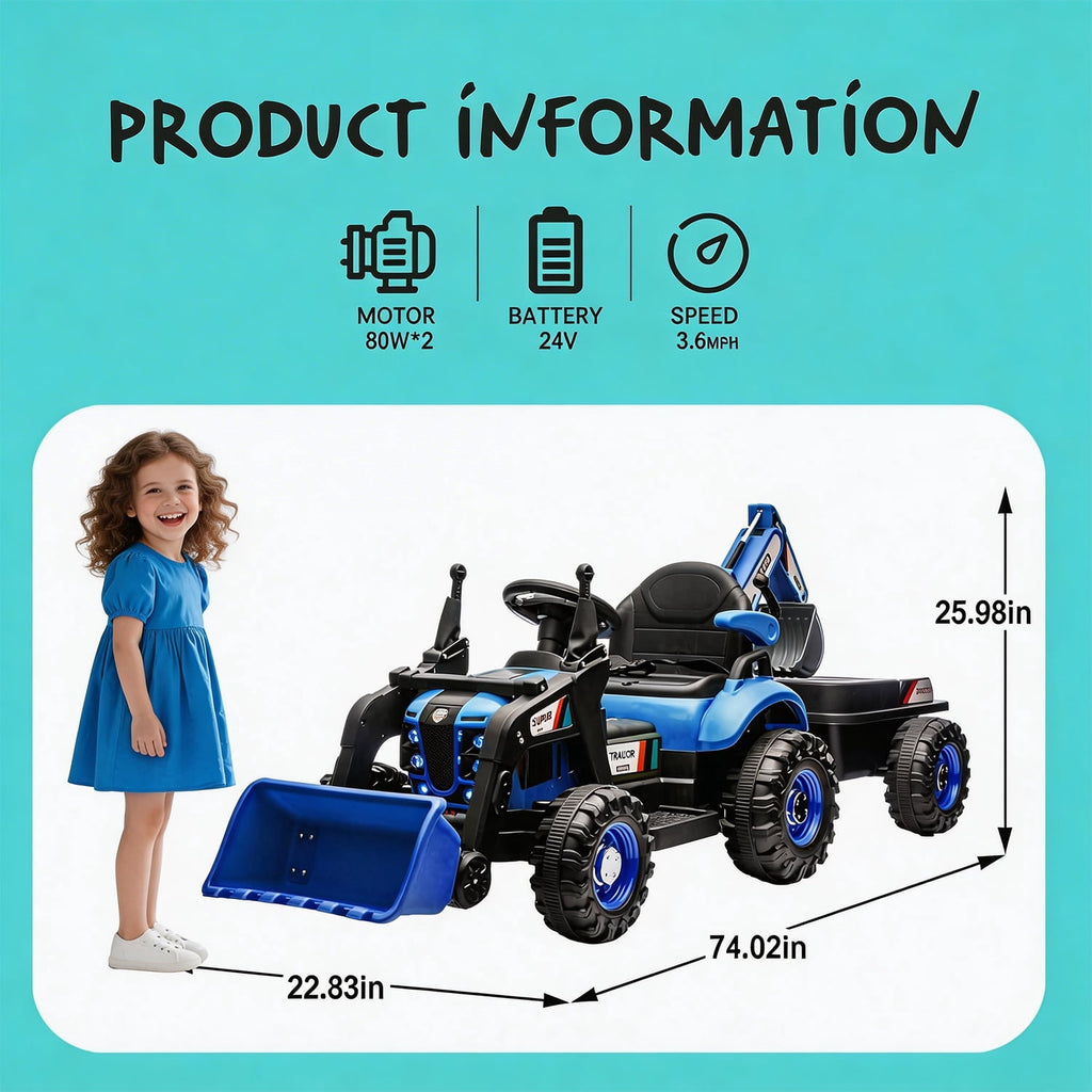 Track Seven 24V Ride on Excavator, 4-in-1 Construction Excavator, Dump Truck & Bulldozer, Ride on Tractor Electric Car with Remote Control, Swivel Seat, Music, Ride on Toy Car for Kids Aged 3+